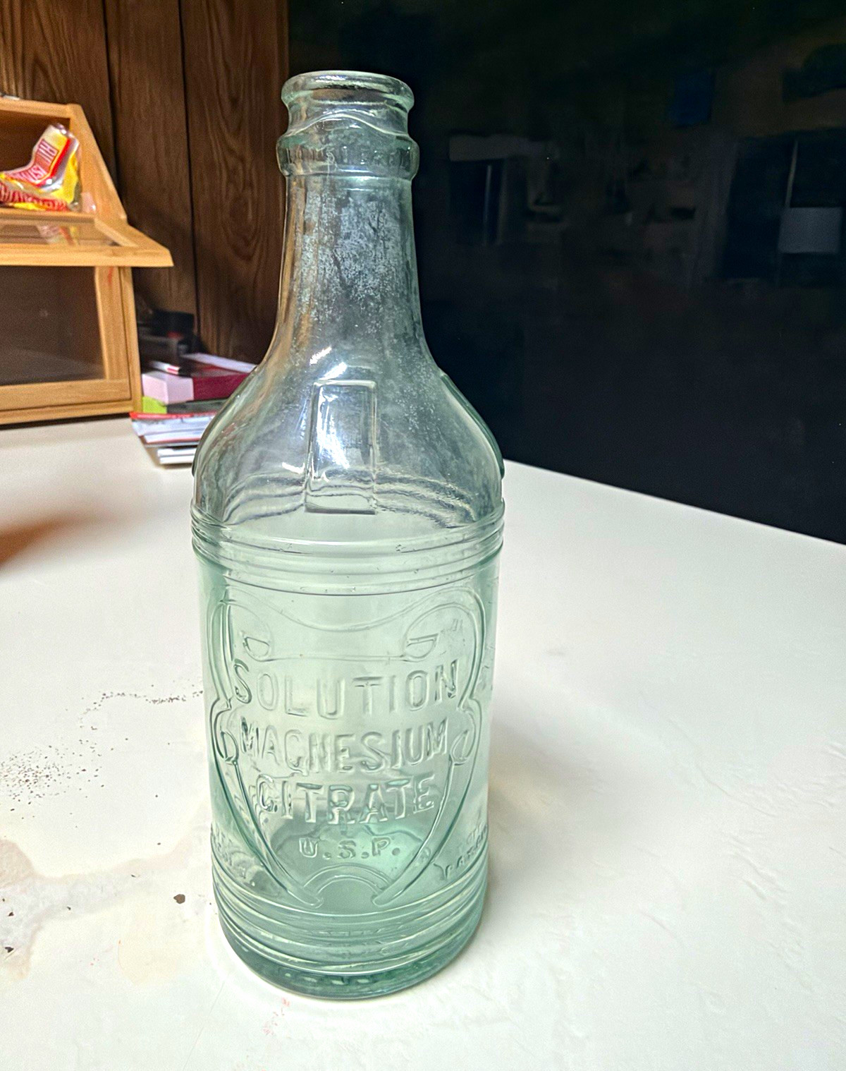Vintage Aqua Green Solution Magnesium Citrate U.S.P. Embossed Glass Bottle