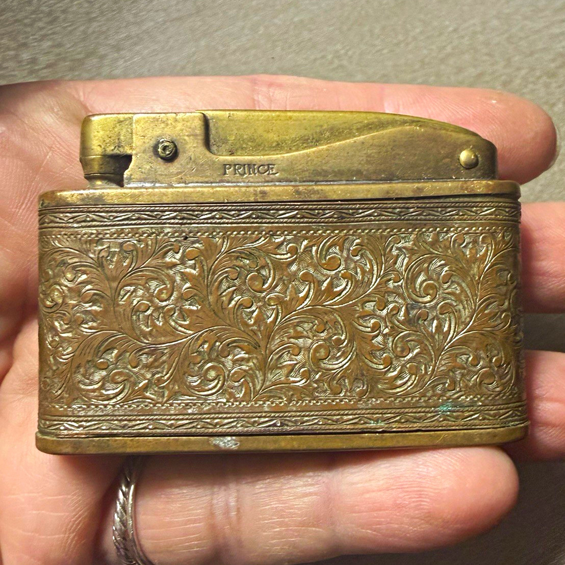 Vintage PRINCE Muselite Lighter Embossed Engraved Brass Floral Design UNTESTED