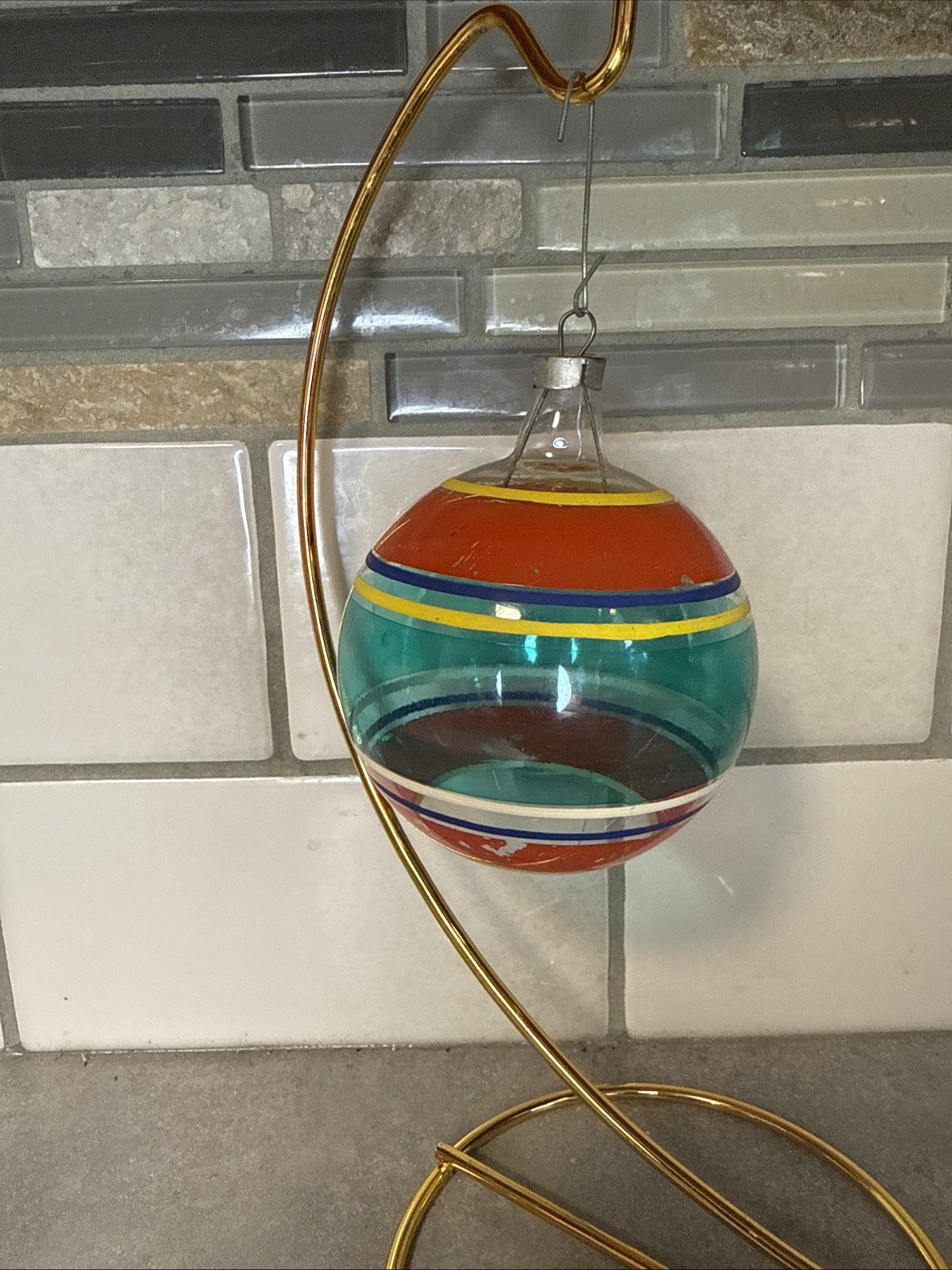 Vintage Premier WWII Unsilvered Stripe Glass Ball Christmas Ornament Jumbo