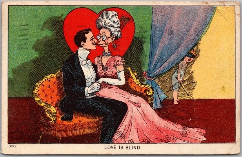 Vintage 1910 Romance Comic Postcard Man with Older Woman / Cupid 