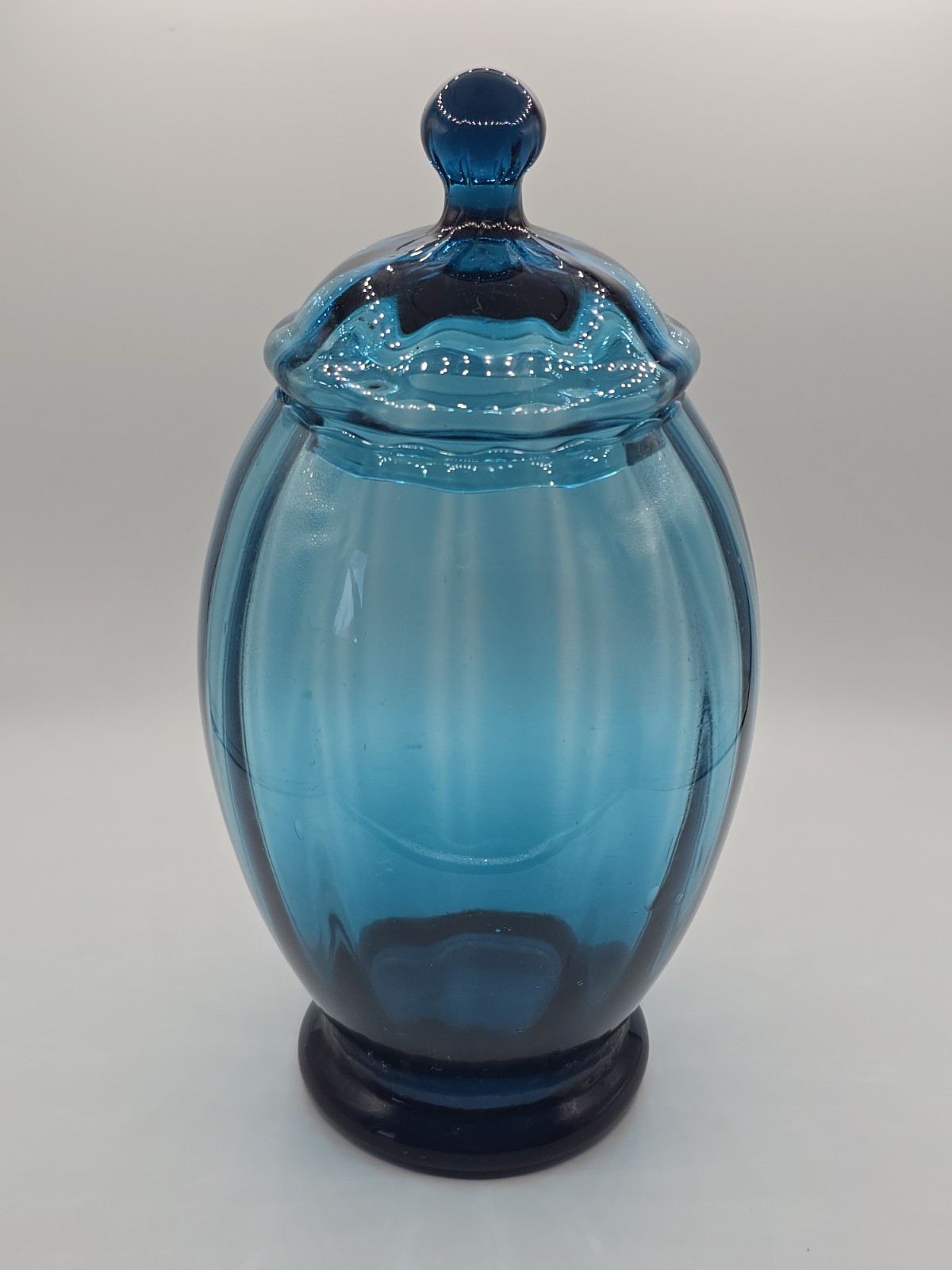 Vintage Italian Empoli Glass Apothecary Jar Lid Blue Green Optic Ribbed 8 1/2