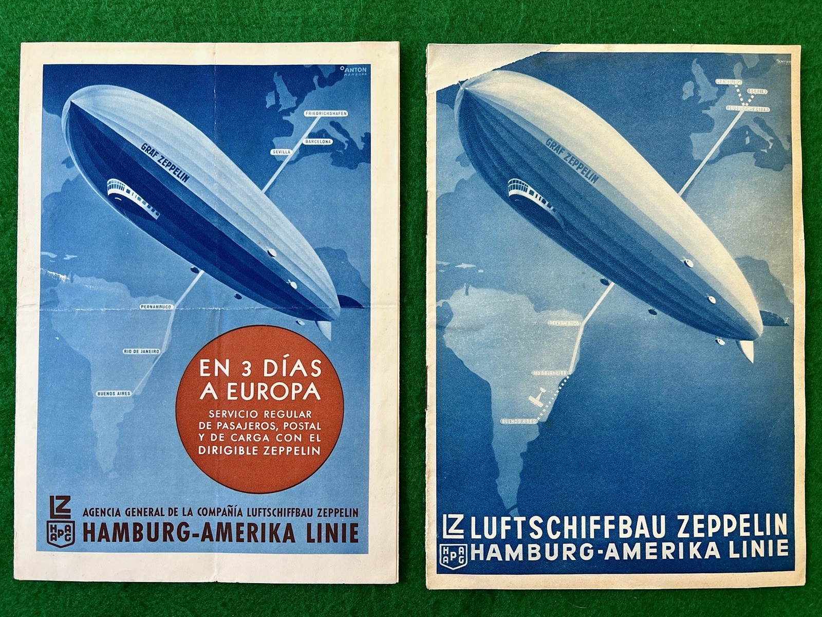 2 ORIGINAL 1936 HAMBURG-AMERIKA Graf ZEPPELIN Brochures DIRIGIBLE Germany TRAVEL