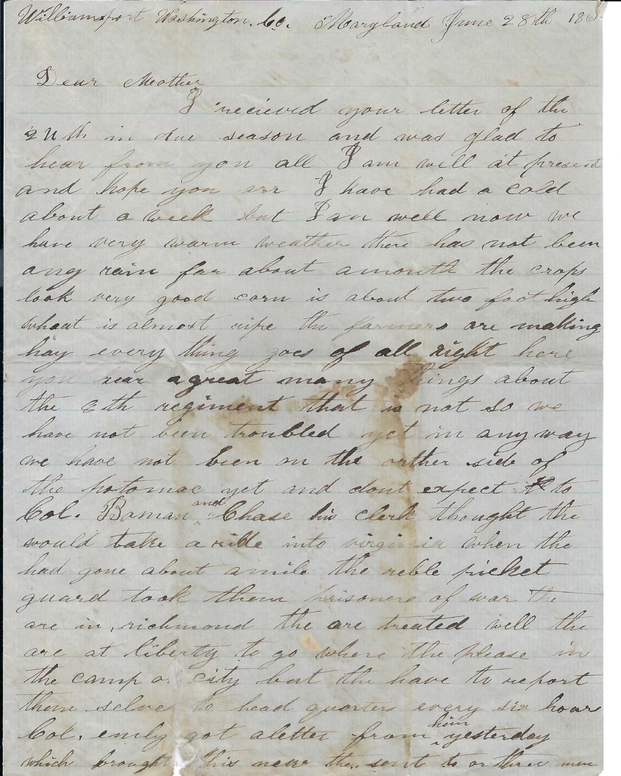 Civil War Private PA 8th Tanfield Writes Of Colonel, Clerk Taken Prisoner