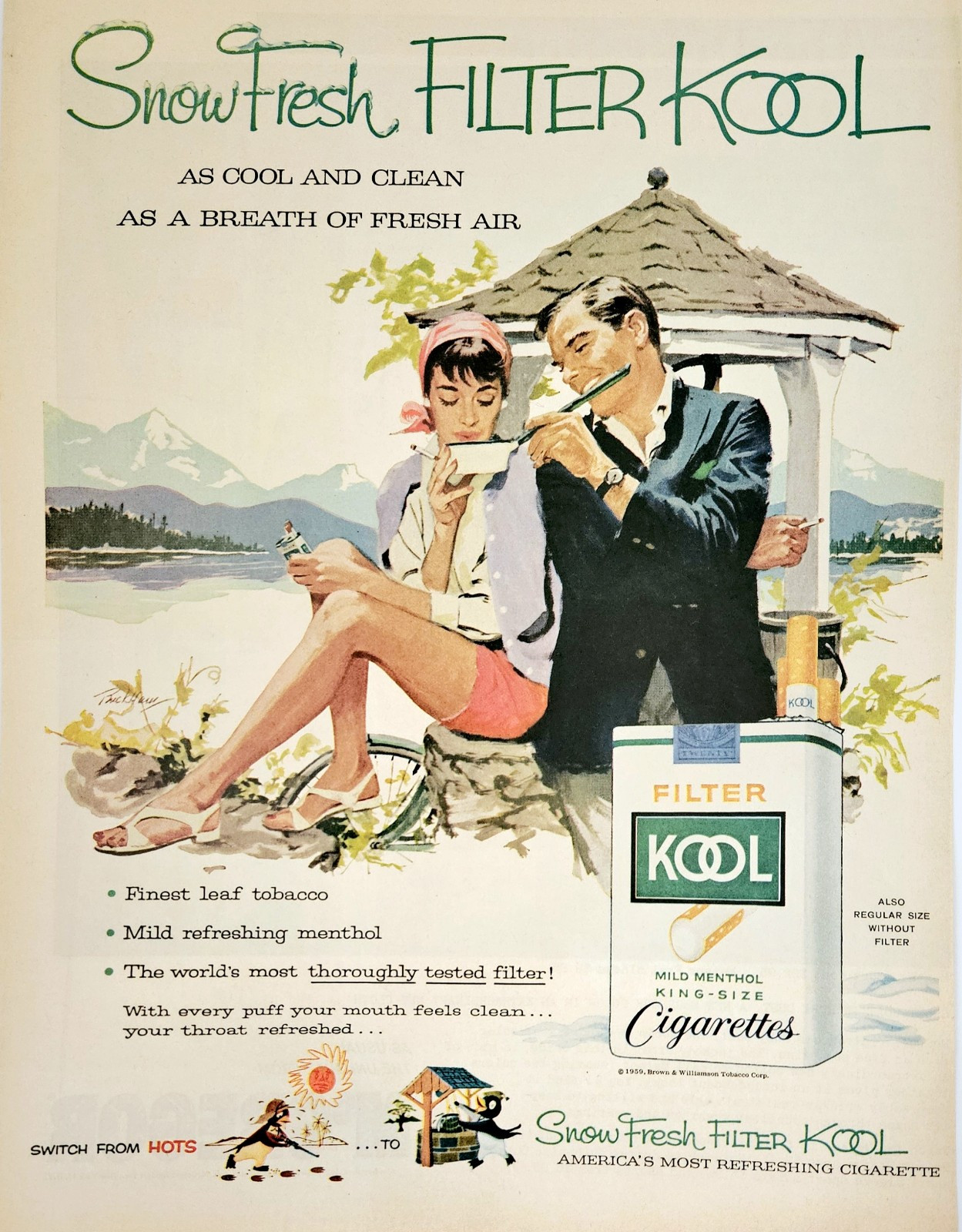 Kool cigarettes ad vintage 1959 menthol snow fresh original print advertisement