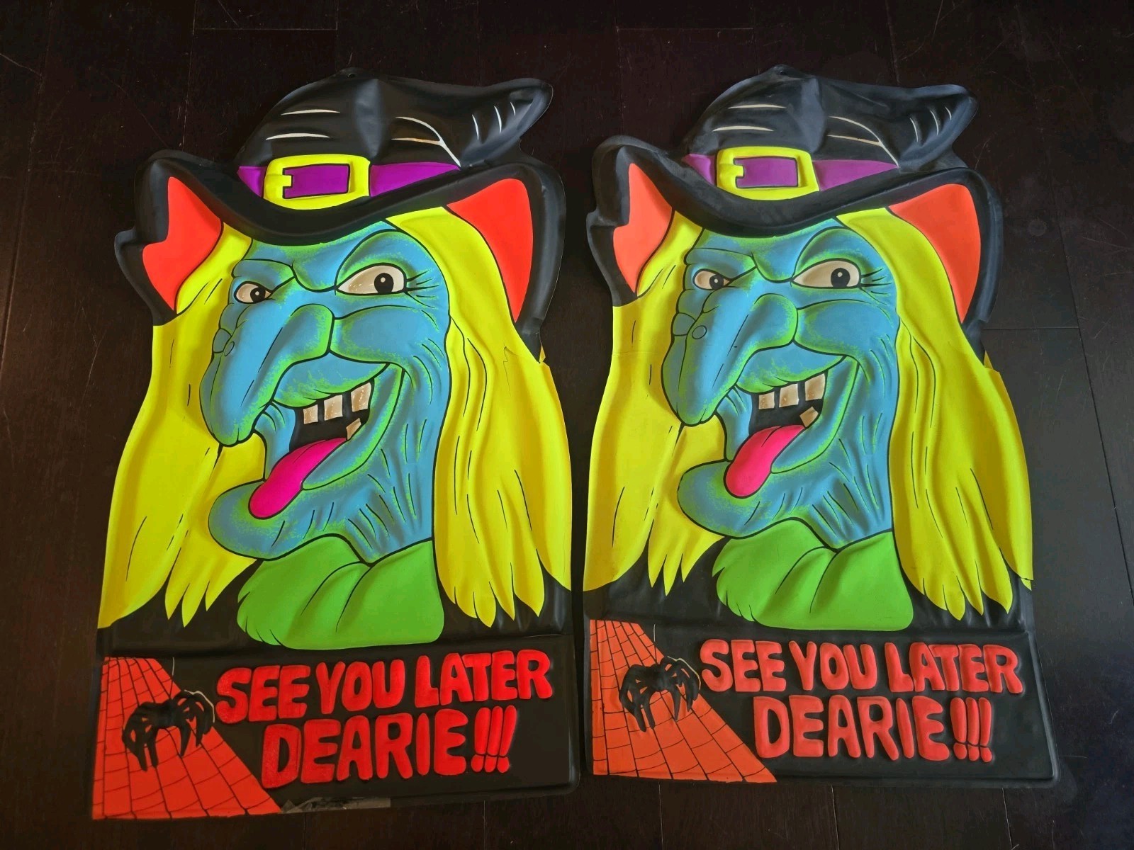VTG 2x Artform Vacuform Halloween Witch Plastic Wall Decor 24” Dearie Spider Big