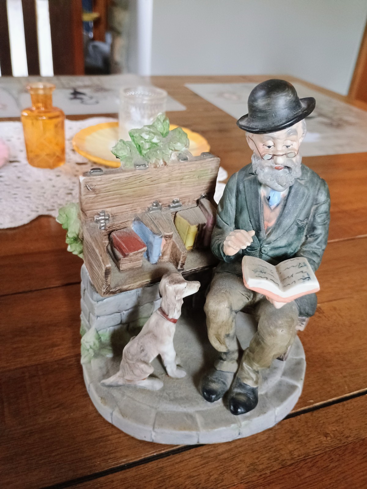 Vintage Lefton China Japan Old Man Bookseller Dog Bench Hand Painted #2432 Vintage Lefton China Japan Old Man Bookseller Dog Bench Hand Painted #2432