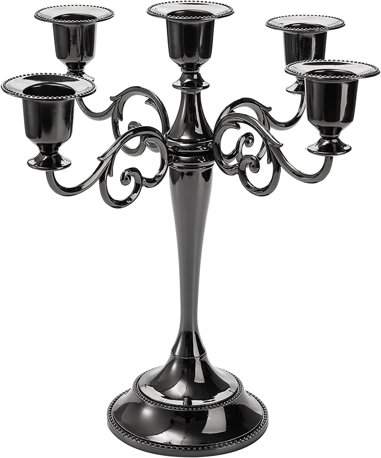 YOUEON 5 Arms Candelabra, 10.4 Inch Tall Glossy Black Candlestick Holder, Gothic