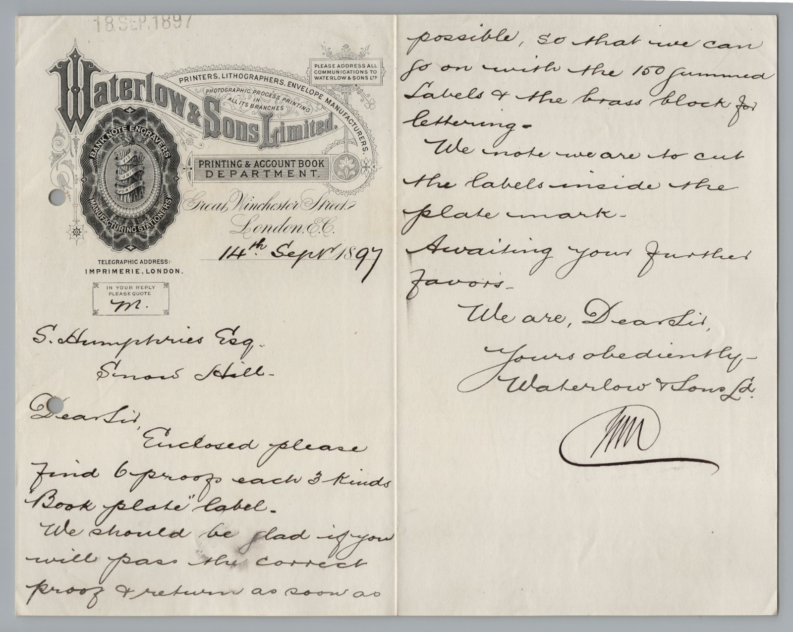1897 Waterlow & Sons London Letterhead Antique Business Letter Re: Printing 1897 Waterlow & Sons London Letterhead Antique Business Letter Re: Printing