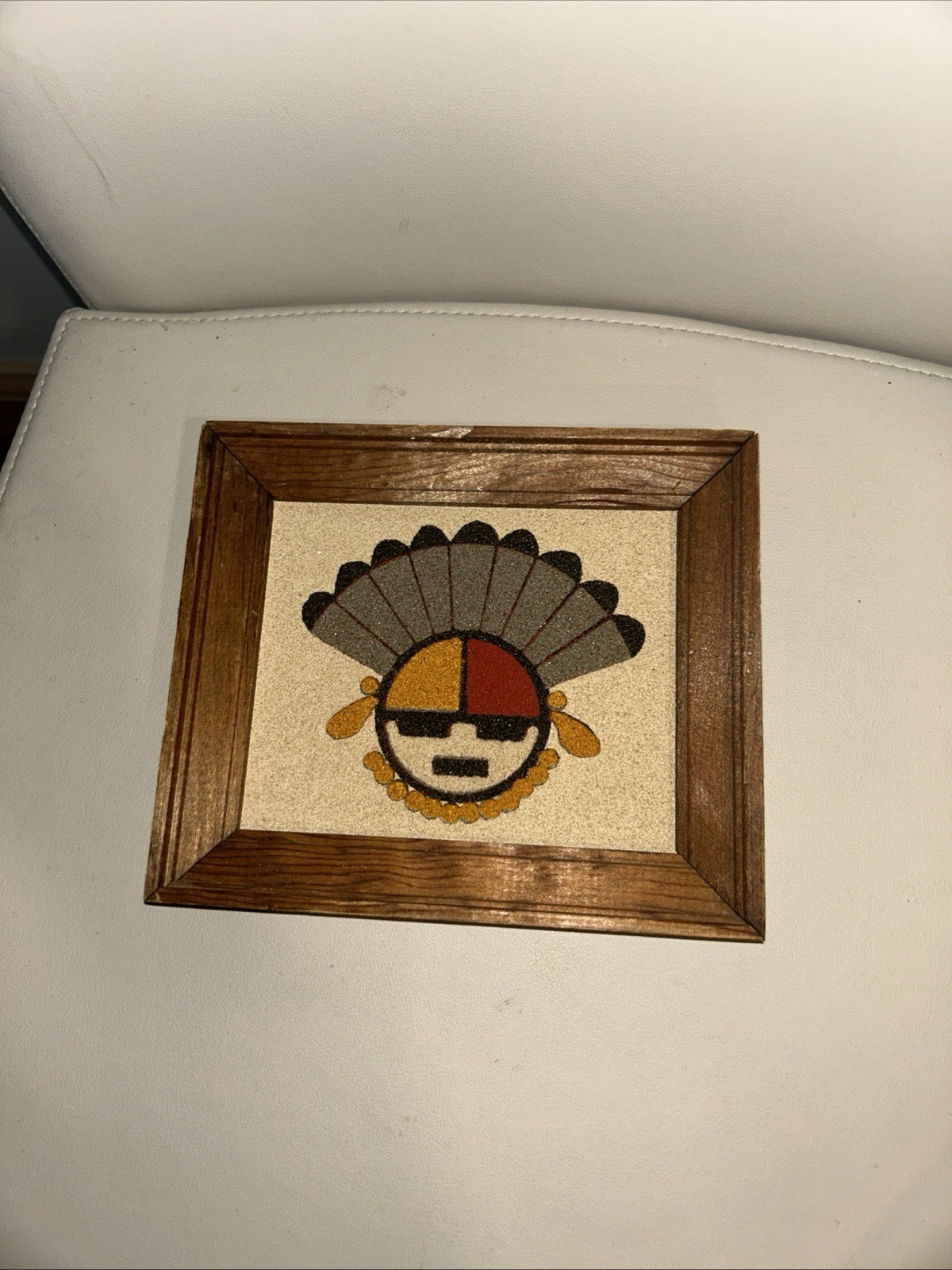 Sand Art “The Great God Spirit” History On The Back, Square Wood Frame 7”x 6”