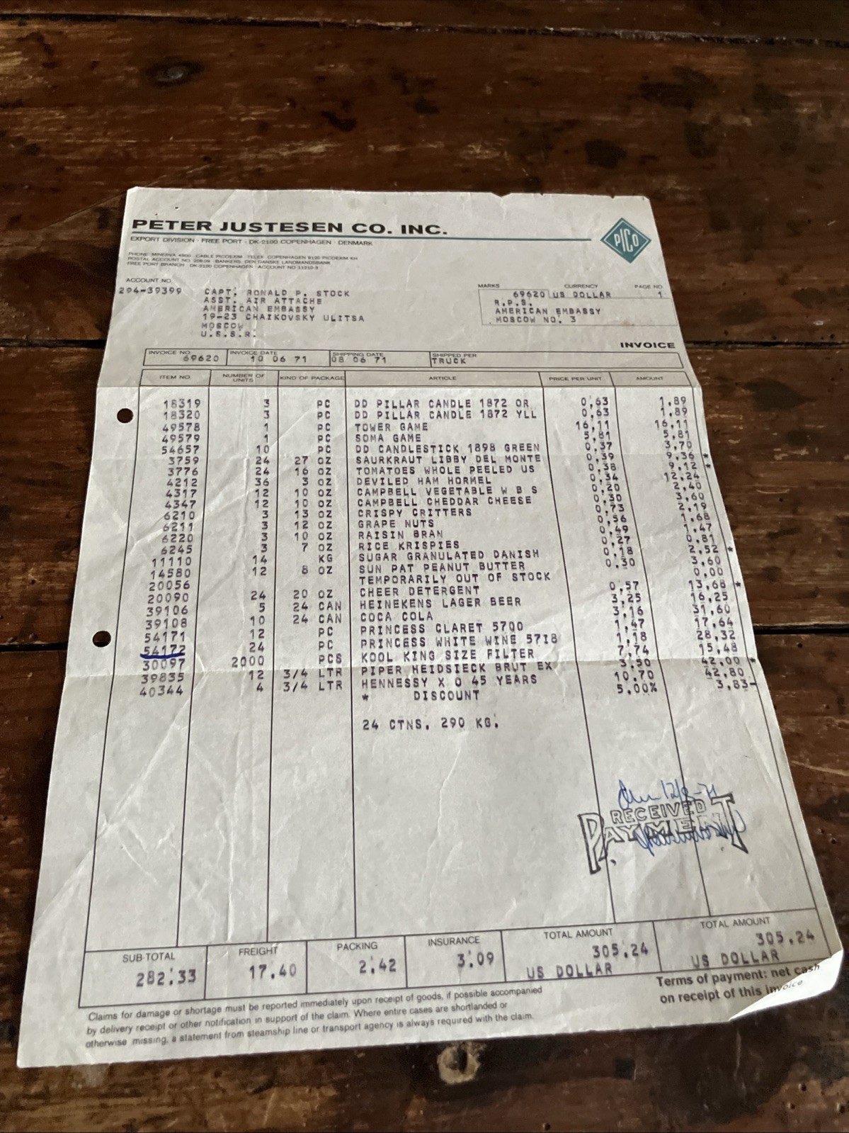 Cold War US Embassy Moscow Invoice 1971 Food & Liquor Embassy Supply Document