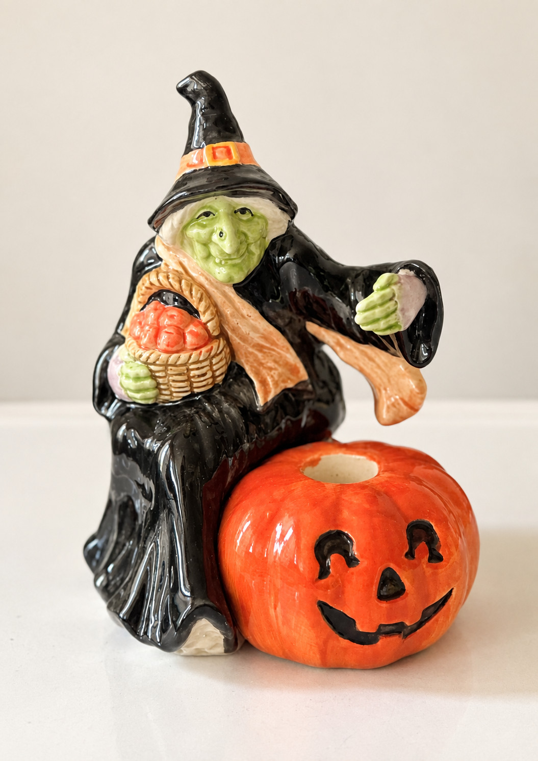 Vintage 1983 Fitz & Floyd Halloween Witch Pumpkin Candle Holder FF Japan EUC