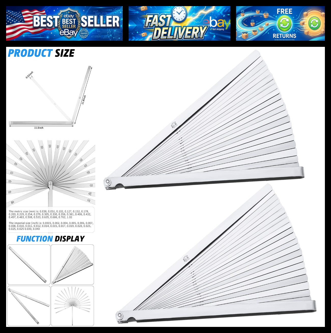 2 Pcs 25 Blade Long Feeler Gauge Set 0.038-1.02mm, Stainless Steel Feeler Gauge