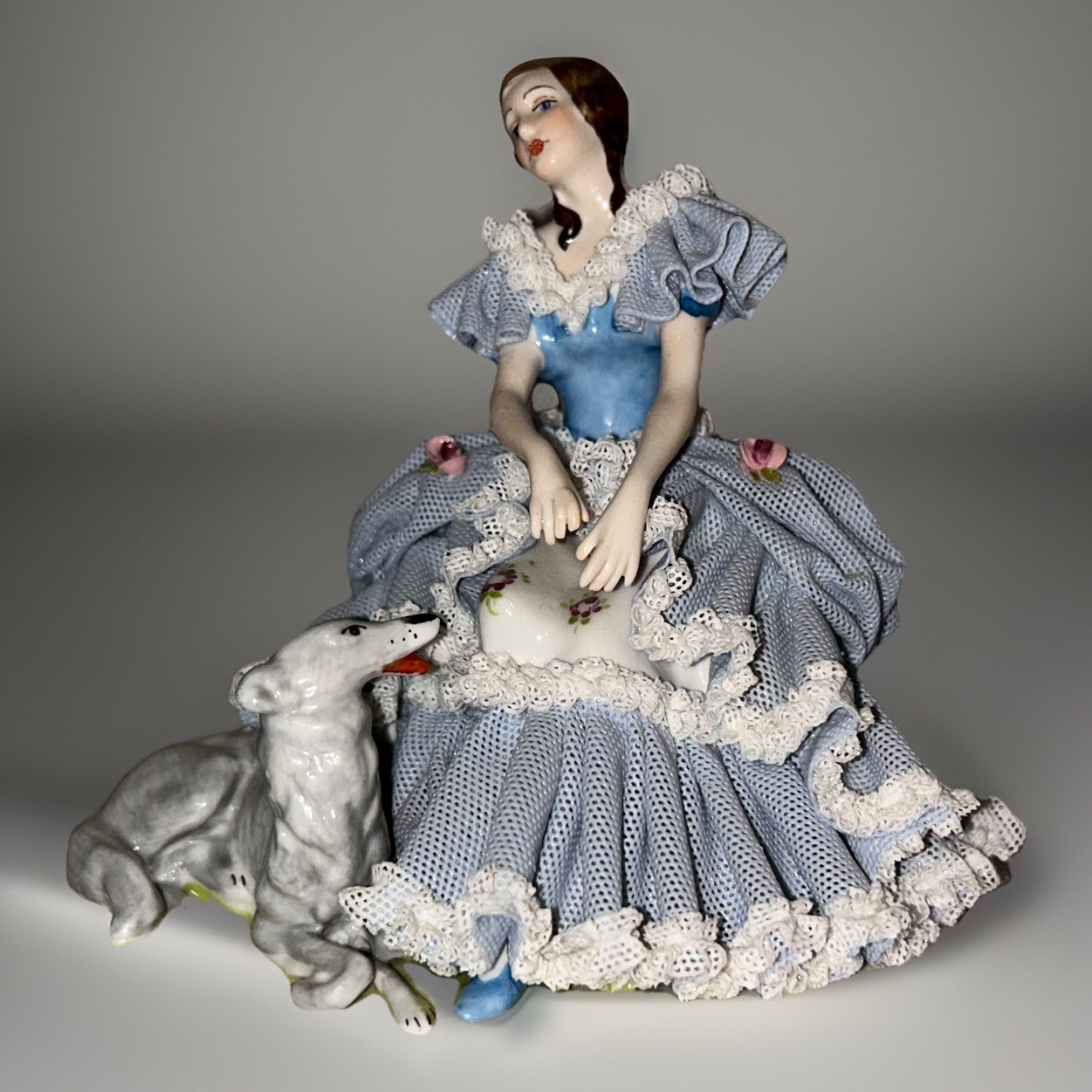 Vtg Sandizell Dresden Porcelain Lace Girl Sitting With Dog Borzoi Figurine Blue Vtg Sandizell Dresden Porcelain Lace Girl Sitting With Dog Borzoi Figurine Blue
