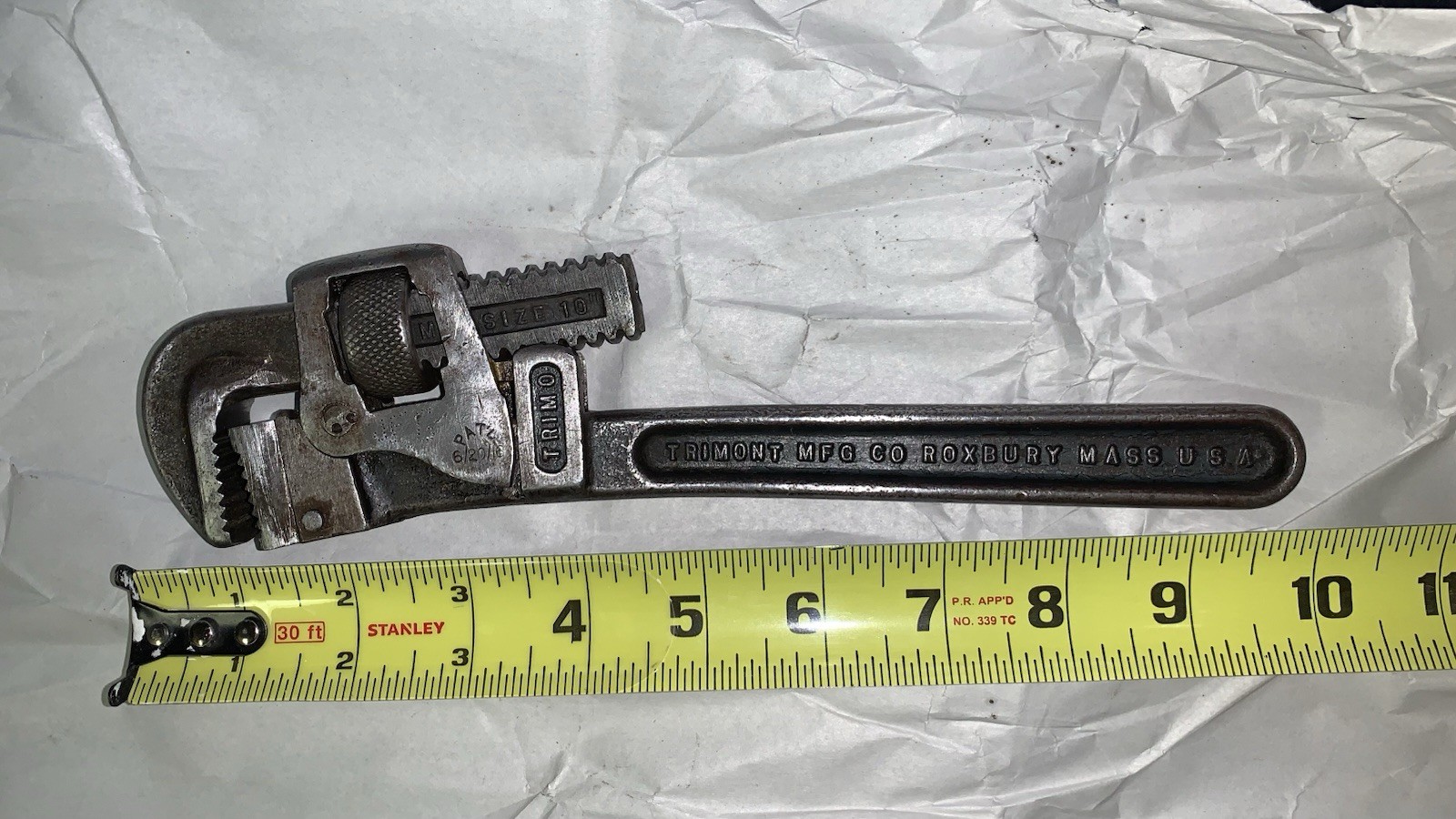 Antique Trimo 10” drop forged monkey wrench pat. 6/20/1916 USA rust free works