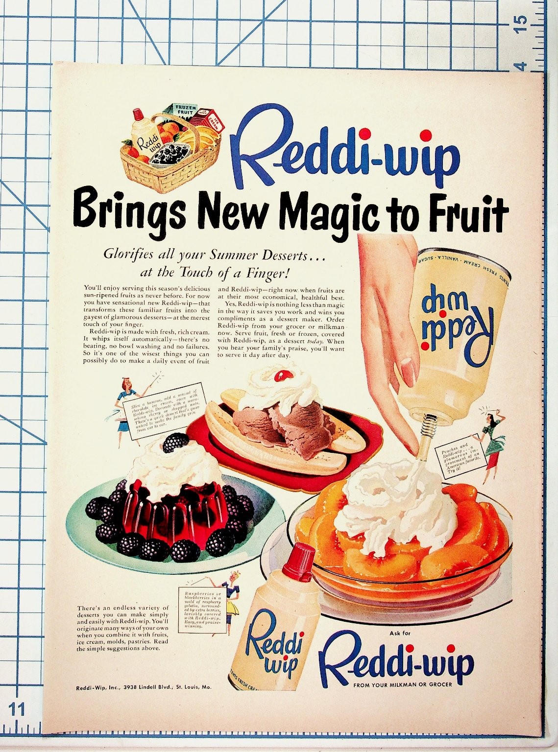 Vintage 1950s Reddi-wip Magazine Ad Fruit Desserts Milkman St. Louis MO Vintage 1950s Reddi-wip Magazine Ad Fruit Desserts Milkman St. Louis MO