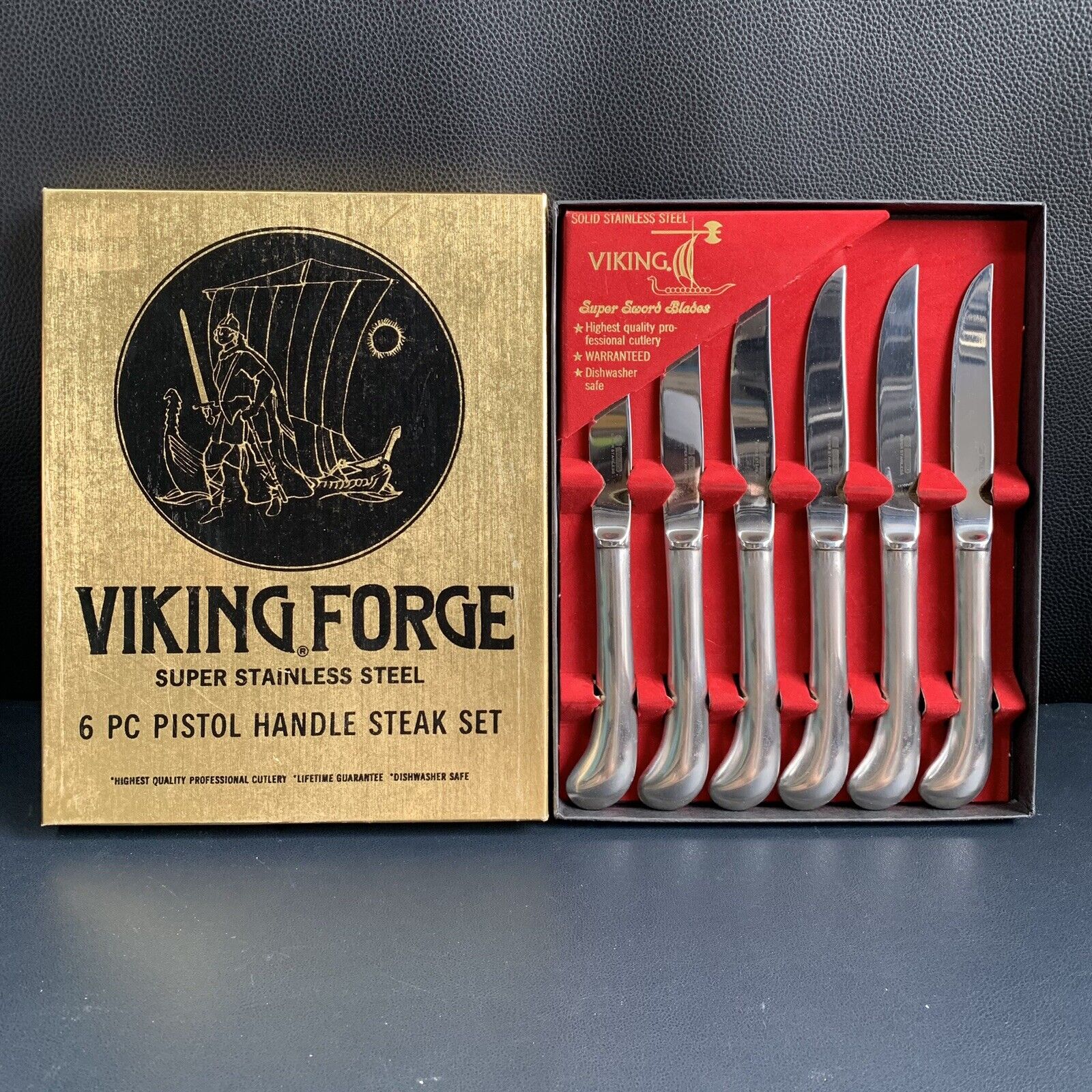 Vintage Viking Forge Super Stainless Steel 6 Piece Pistol Handle Steak Set & Box