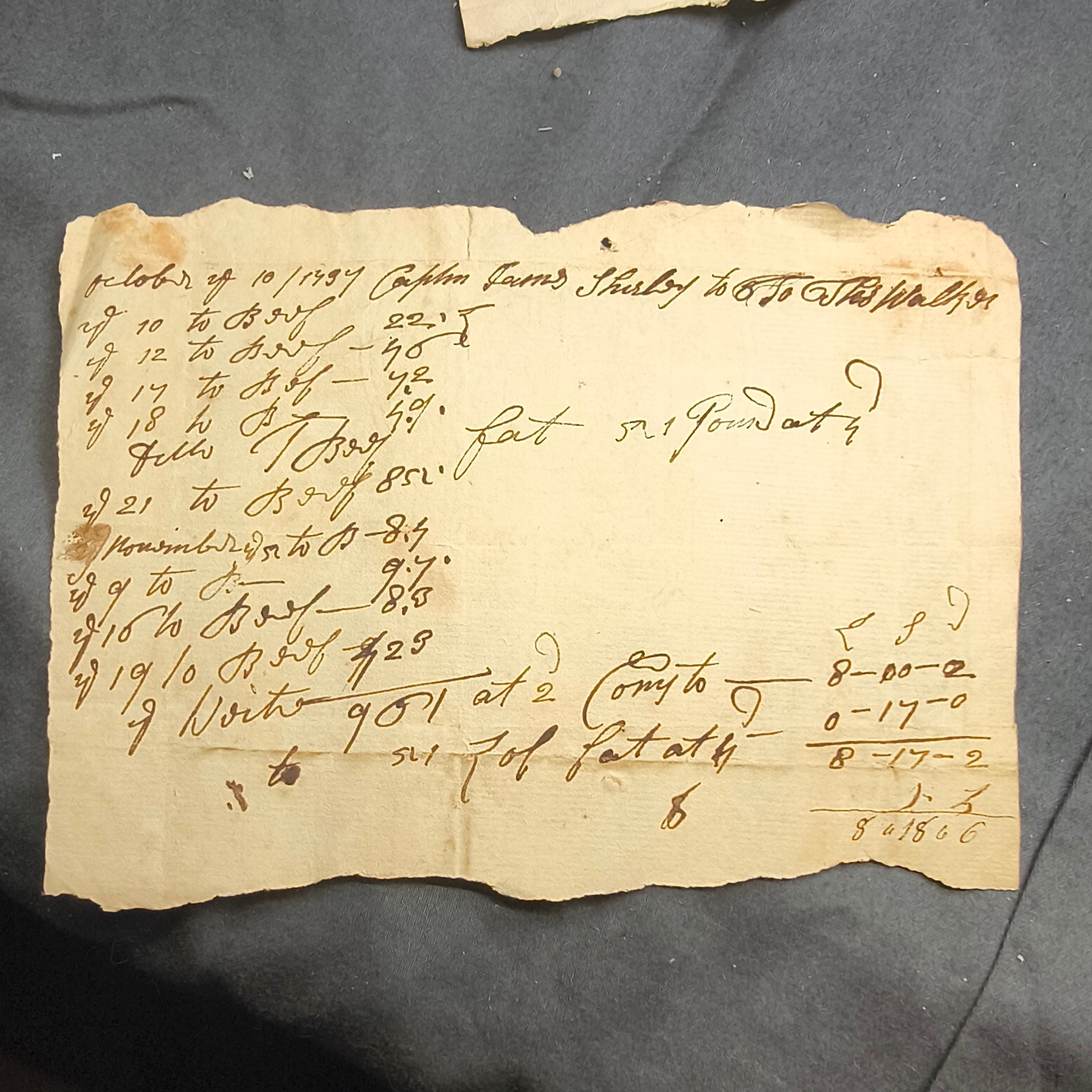 1737 Colonial Butcher Bill Captain James Shirley to Thomas Walker Beef & Tallow 1737 Colonial Butcher Bill Captain James Shirley to Thomas Walker Beef & Tallow
