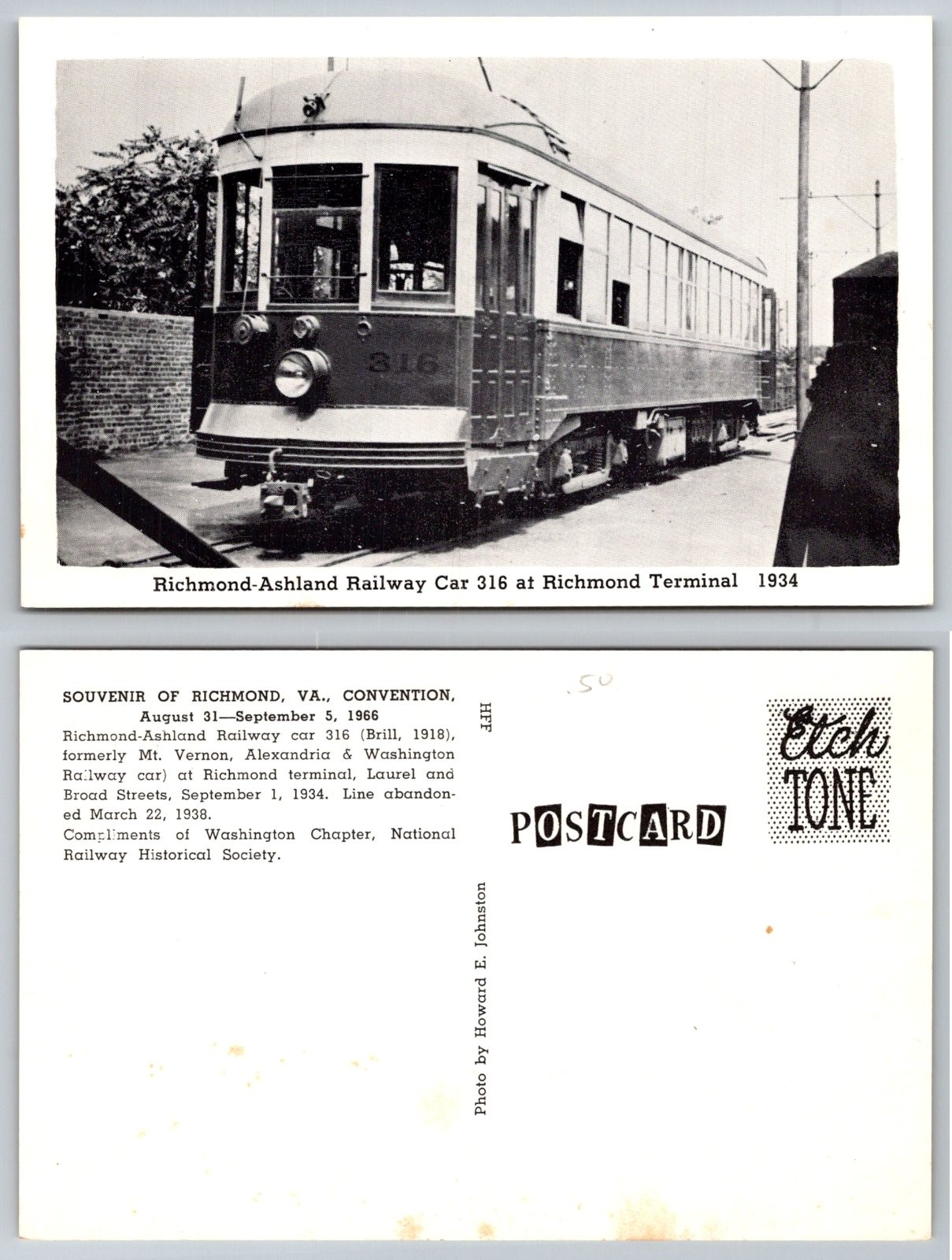 Richmond Ashland Railway Car 316 Richmond Virginia Terminal Postcard PB208-T