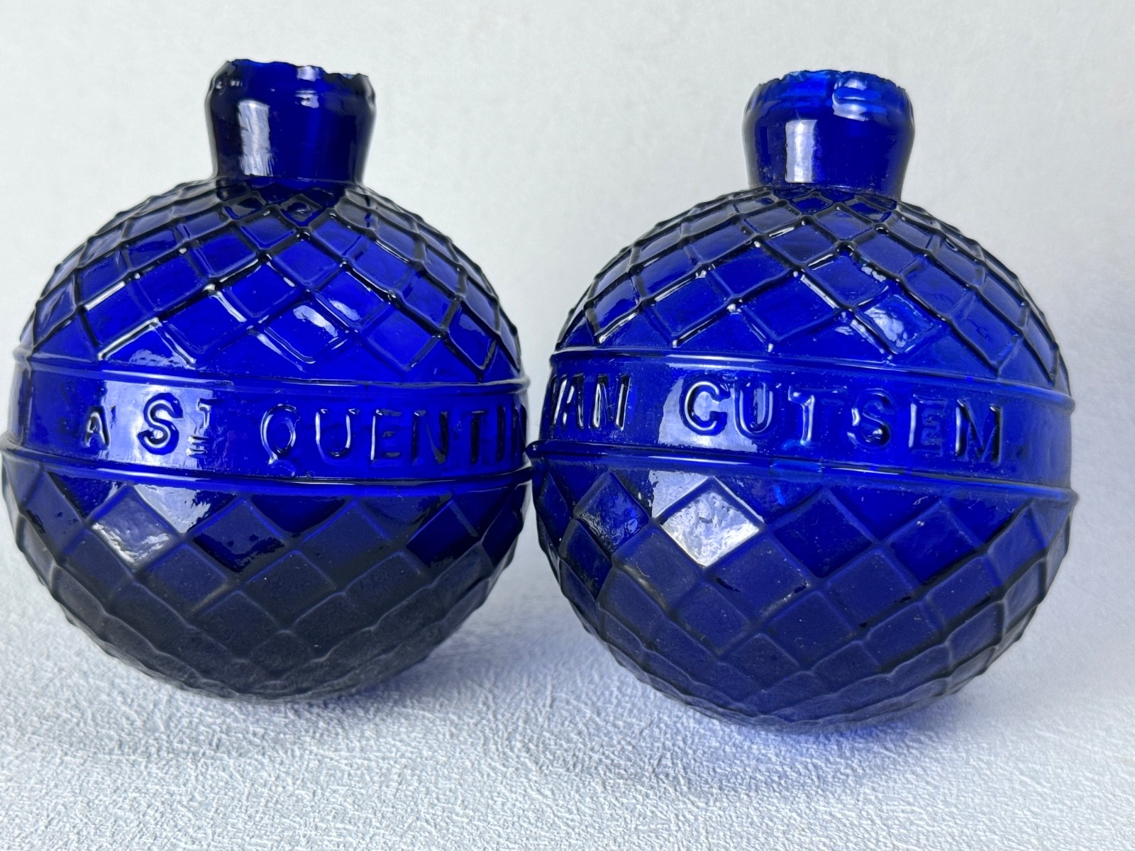 (2) 1880s Van Cutsem St. Quentin COBALT BLUE GLASS Target Ball Quilted Trapshoot