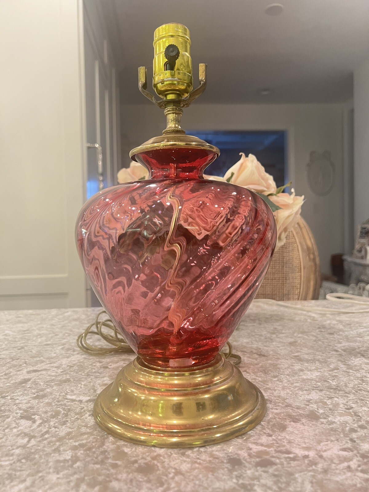 Cranberry Glass Lamp Swirl Design Pilgrim? Vtg Antique 