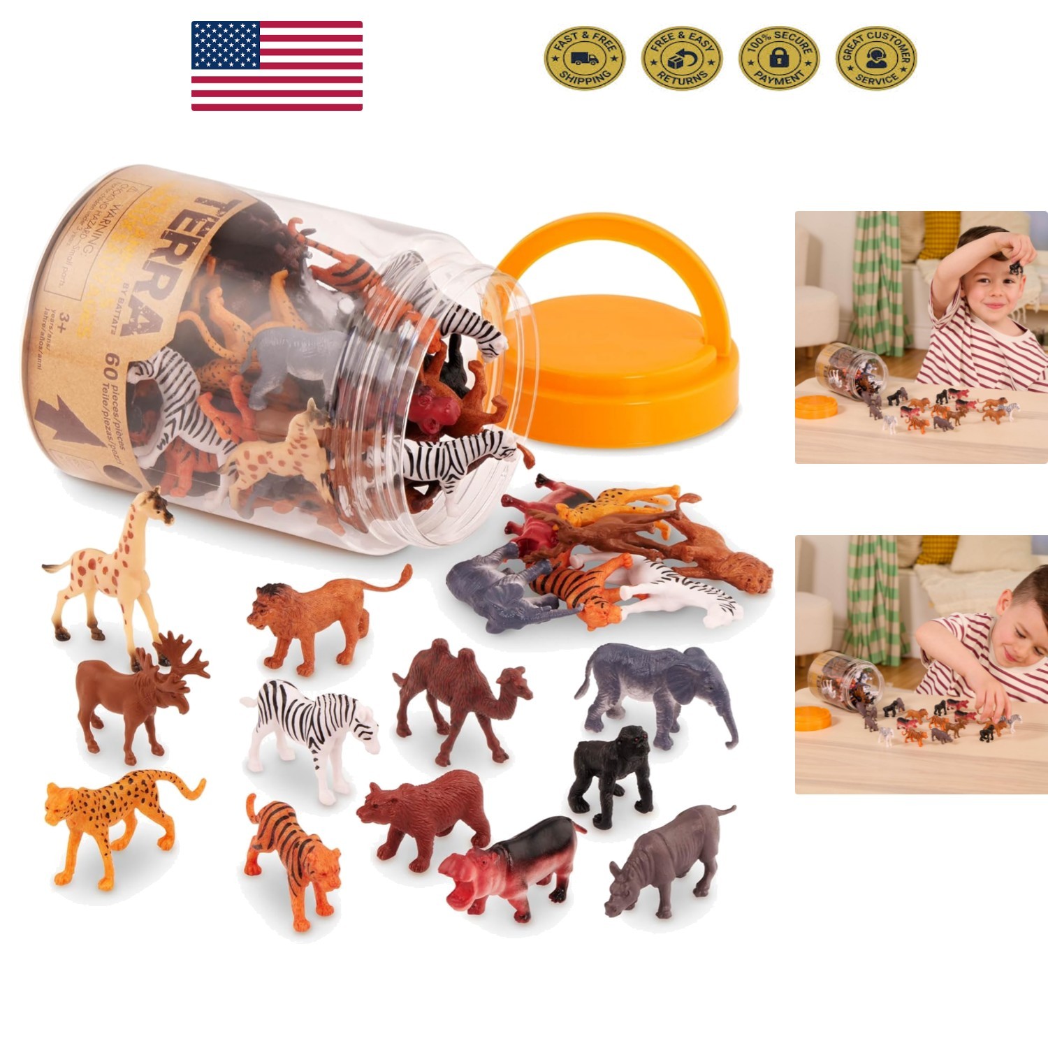 Educational 60-Piece Wild Animals Tube – Realistic Animal Figurines for 3+