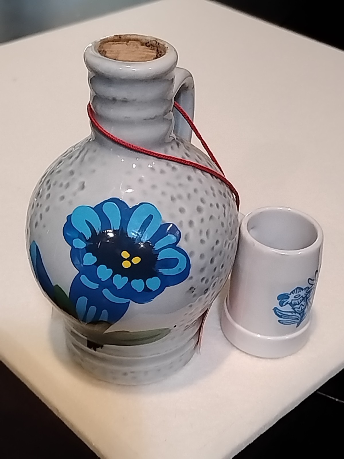 Vintage Schroffen Enzian Liquor Bottle Blue Floral with Mini Mug