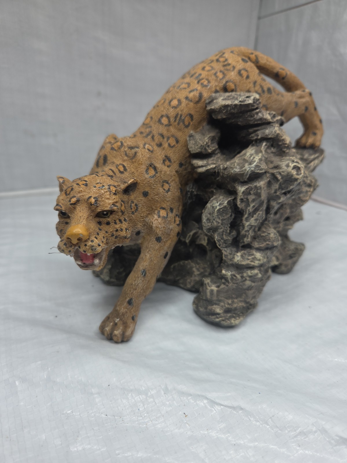 Vintage Resin Leopard Cheetah Figurine Stalking on Rock Wildlife Statue Decor