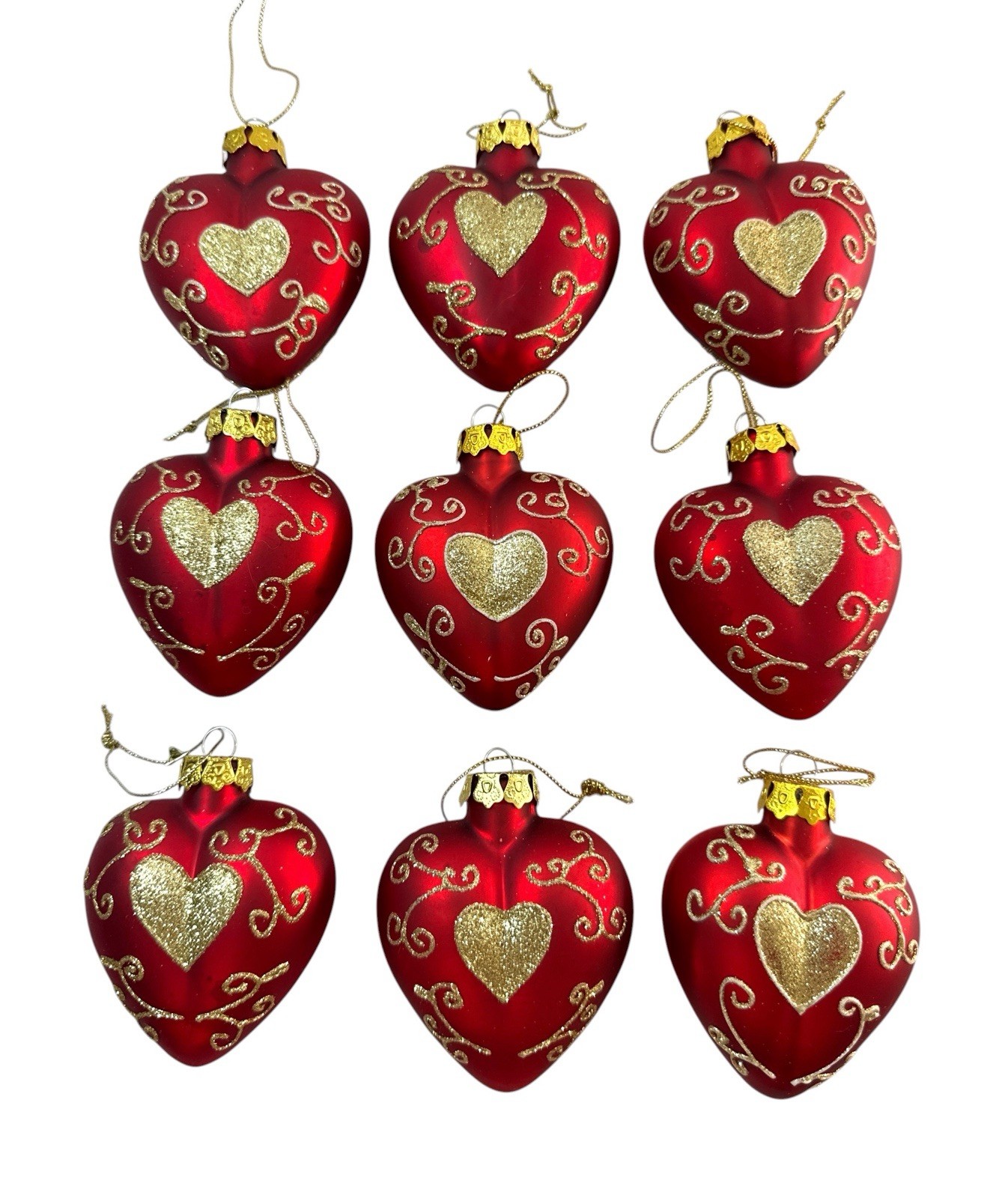 Vintage Red Glass Heart Christmas Ornaments Gold Glitter Scrollwork Set of 9 3” Vintage Red Glass Heart Christmas Ornaments Gold Glitter Scrollwork Set of 9 3”