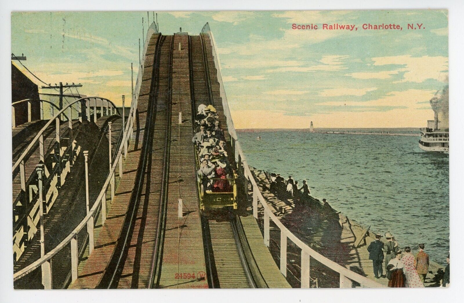Antique Postcard Scenic Railway Charlotte, NY Roller Coaster Beach Posted 1911