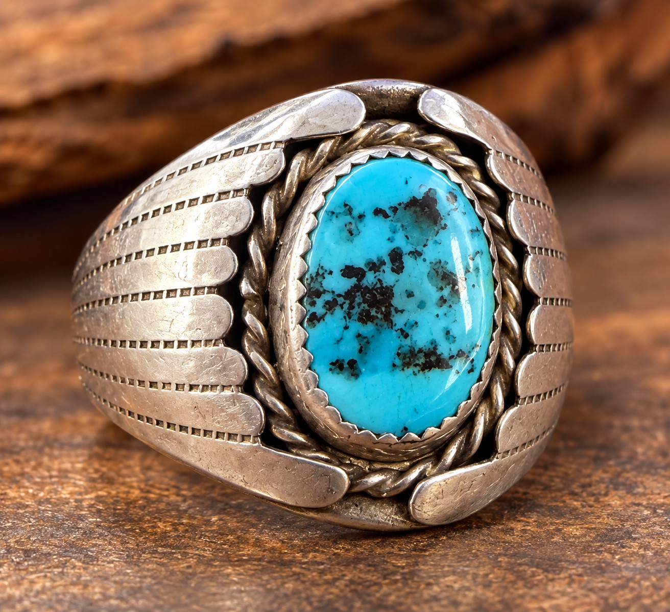 VTG Old Pawn Native American NAVAJO Turquoise Sterling  Men's Ring  Size 12.5
