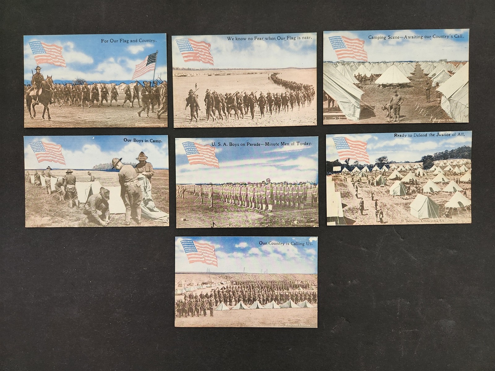 antique 7pc SOLDIERS WWI series POSTCARD LOT army american flag patriotic