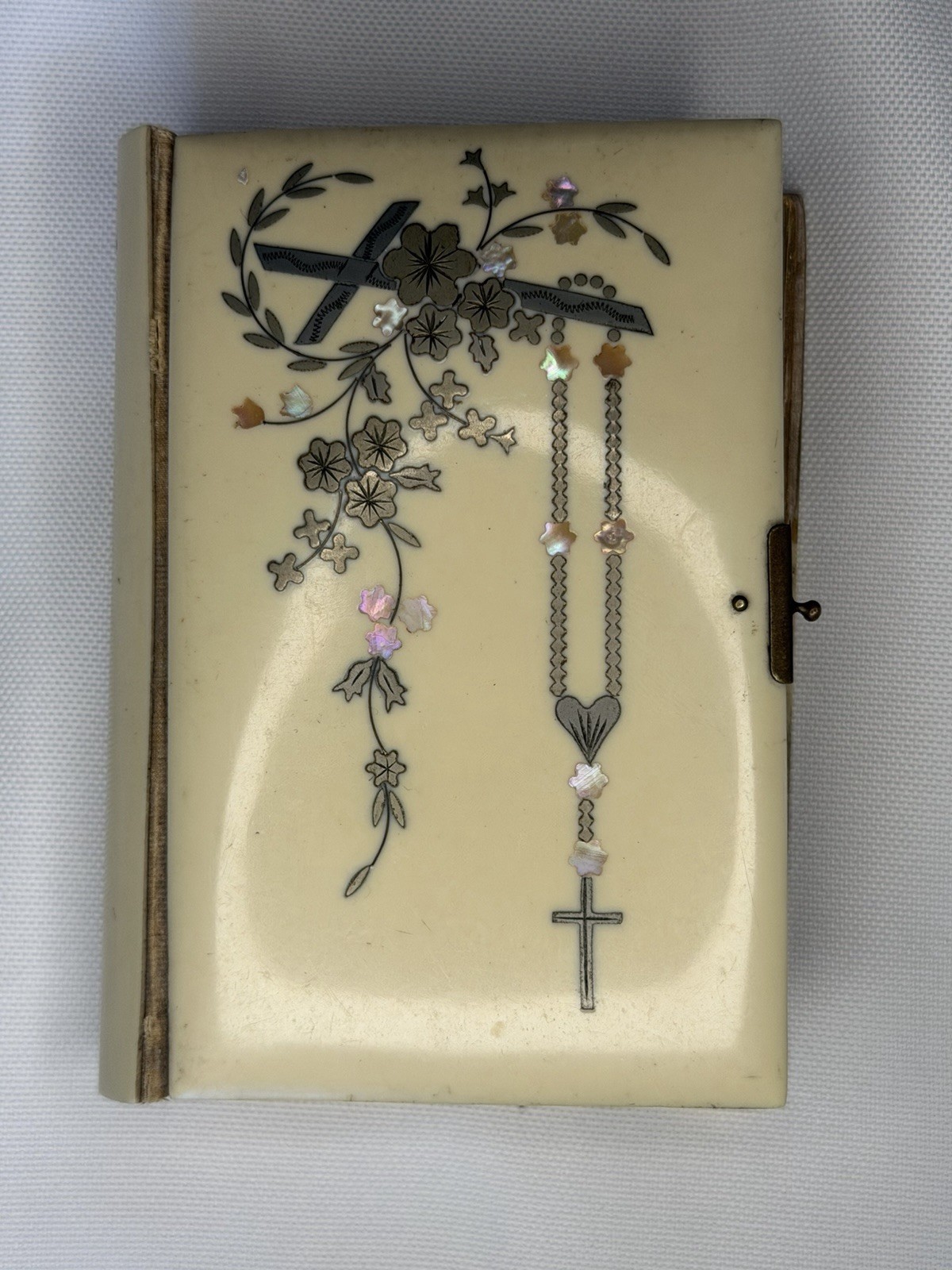 Antique French Missal Prayer Book Celluloid Inlaid Mother of Pearl c.1890 Latin
