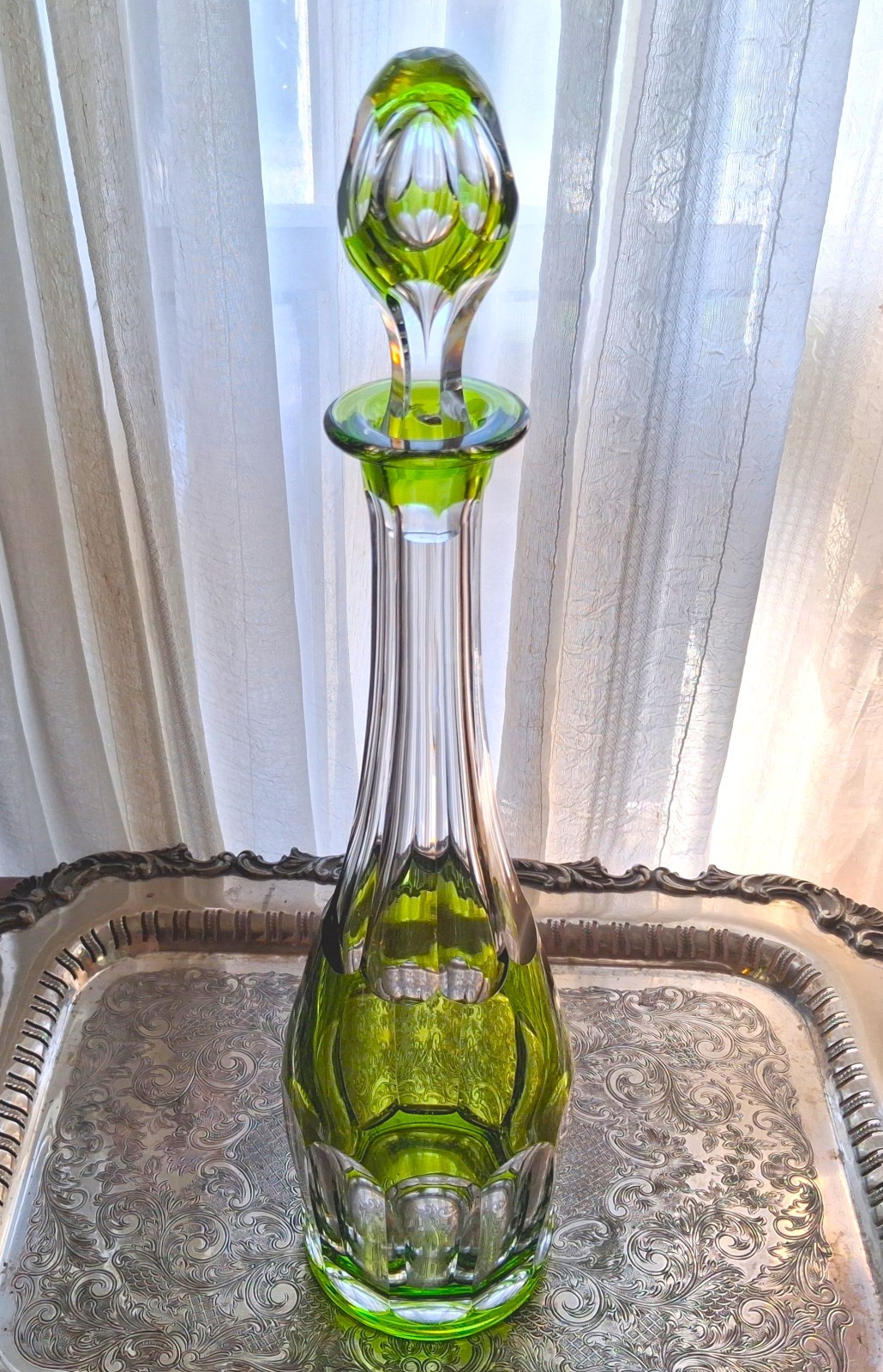 Val St Lambert 1940s-50s MCM Signed Peridot Cut to Clear Crystal Decanter 16.5 Val St Lambert 1940s-50s MCM Signed Peridot Cut to Clear Crystal Decanter 16.5