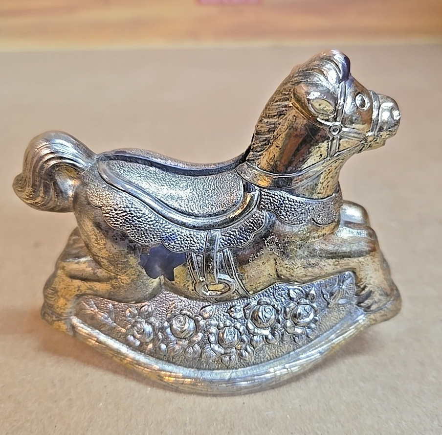 Vintage Silverplate Rocking Horse Coin Bank; No Plug