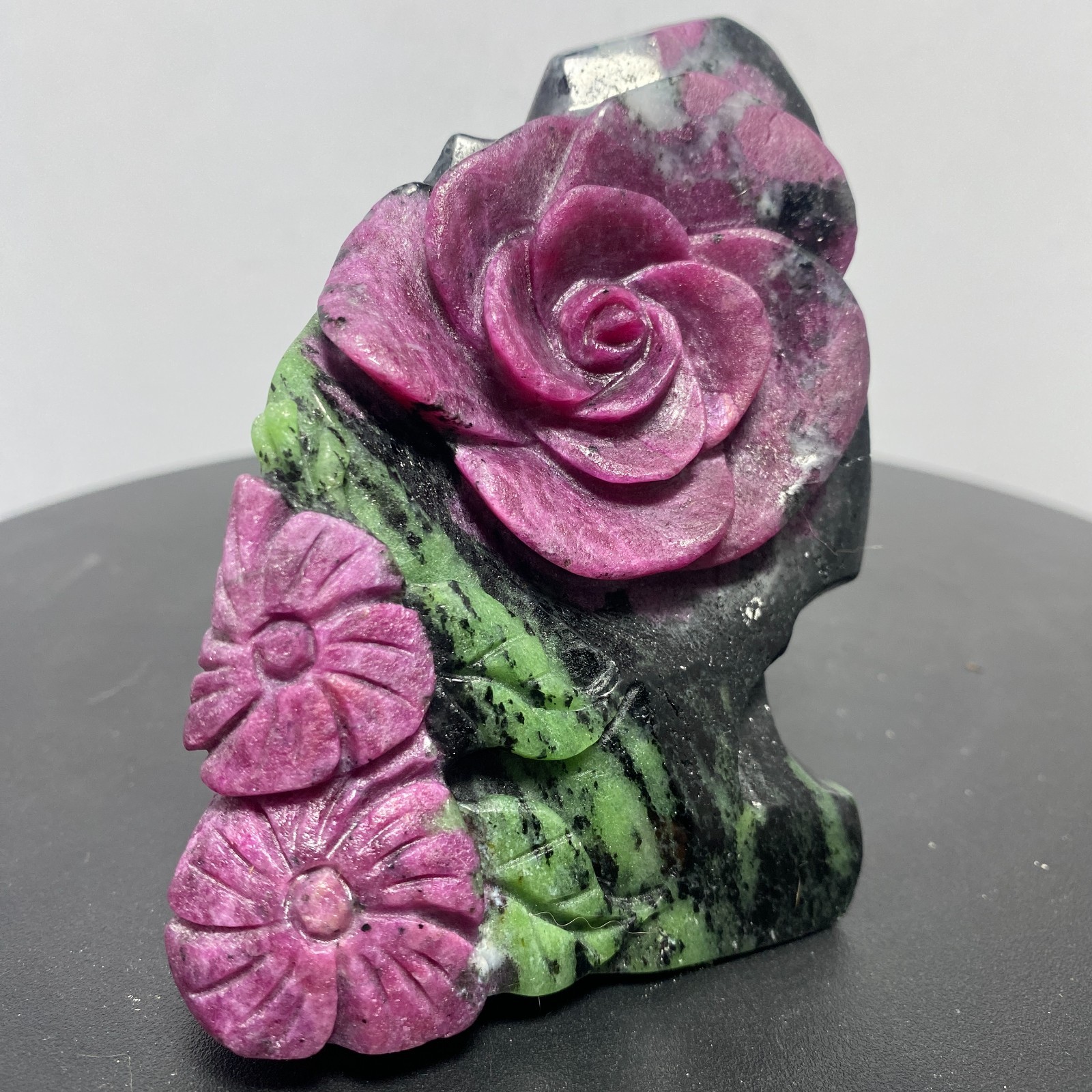 590g Natural Ruby Zoisite Crystal Carving flowers Anyolite Mineral Specimen