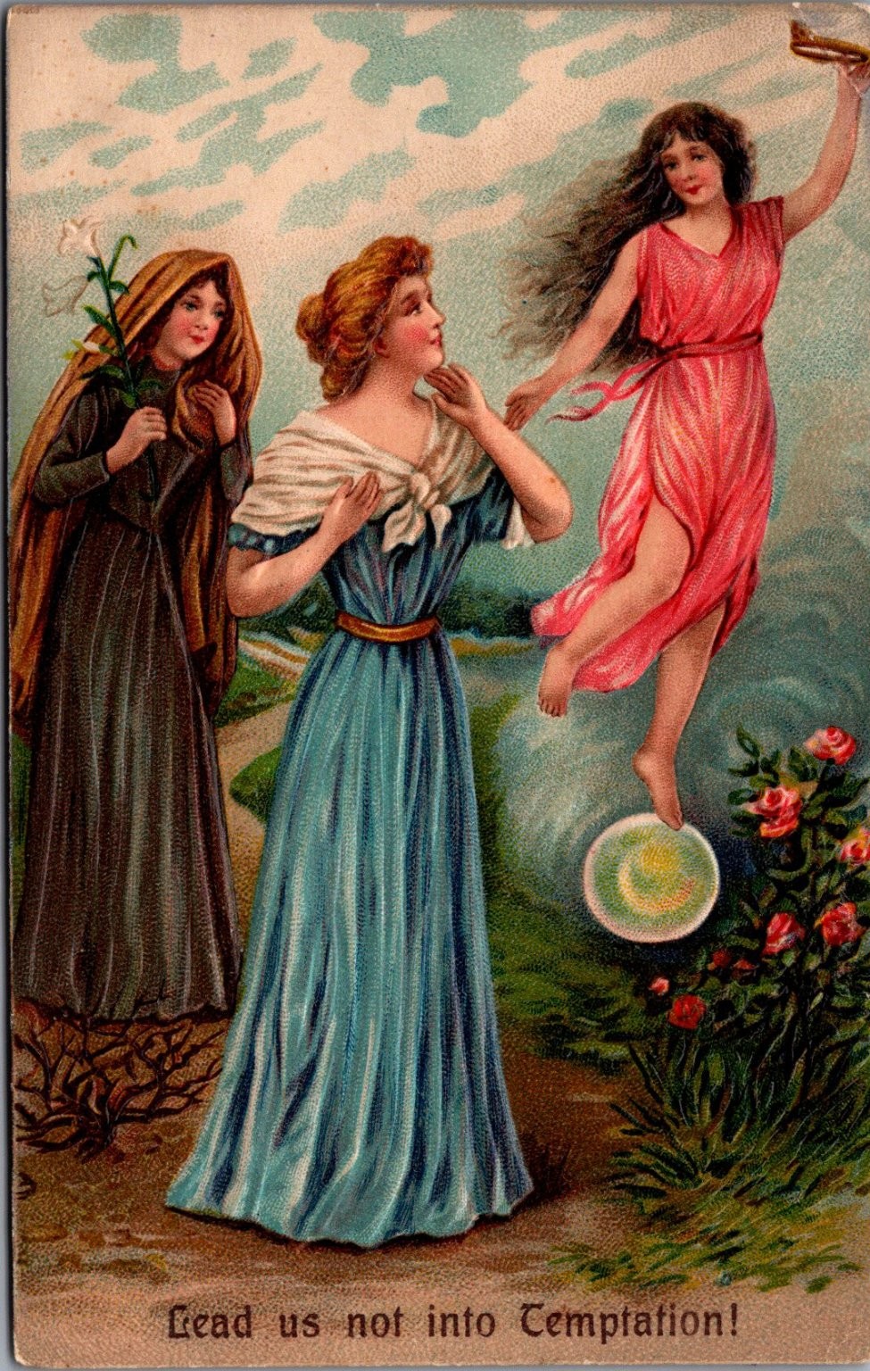 Vintage German Embossed Temptation Postcard - Religious Allegory Art Vintage German Embossed Temptation Postcard - Religious Allegory Art