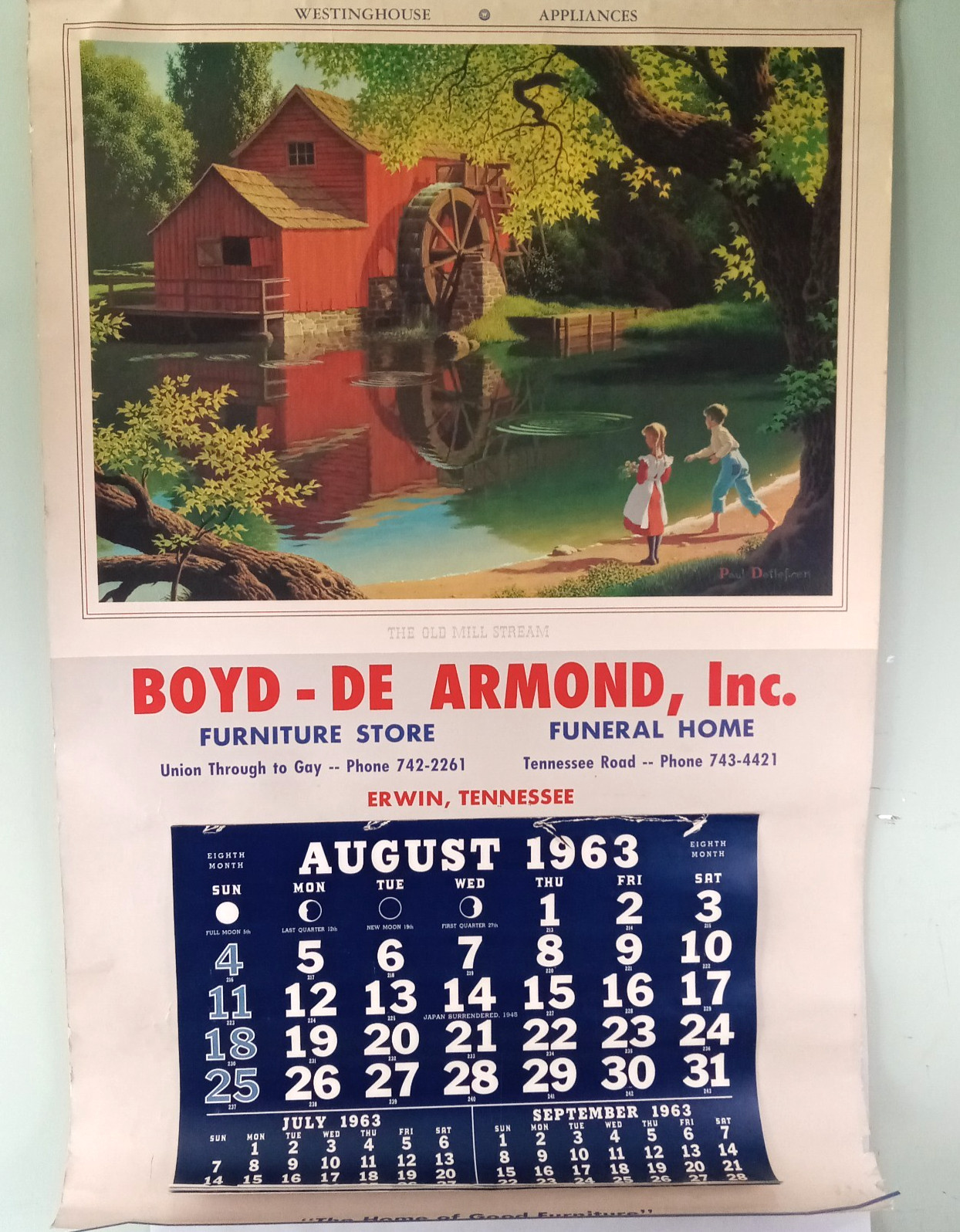 Vintage 1963 Jumbo Wall Calendar Boyd De Armond Erwin TN Funeral Home Furniture Vintage 1963 Jumbo Wall Calendar Boyd De Armond Erwin TN Funeral Home Furniture