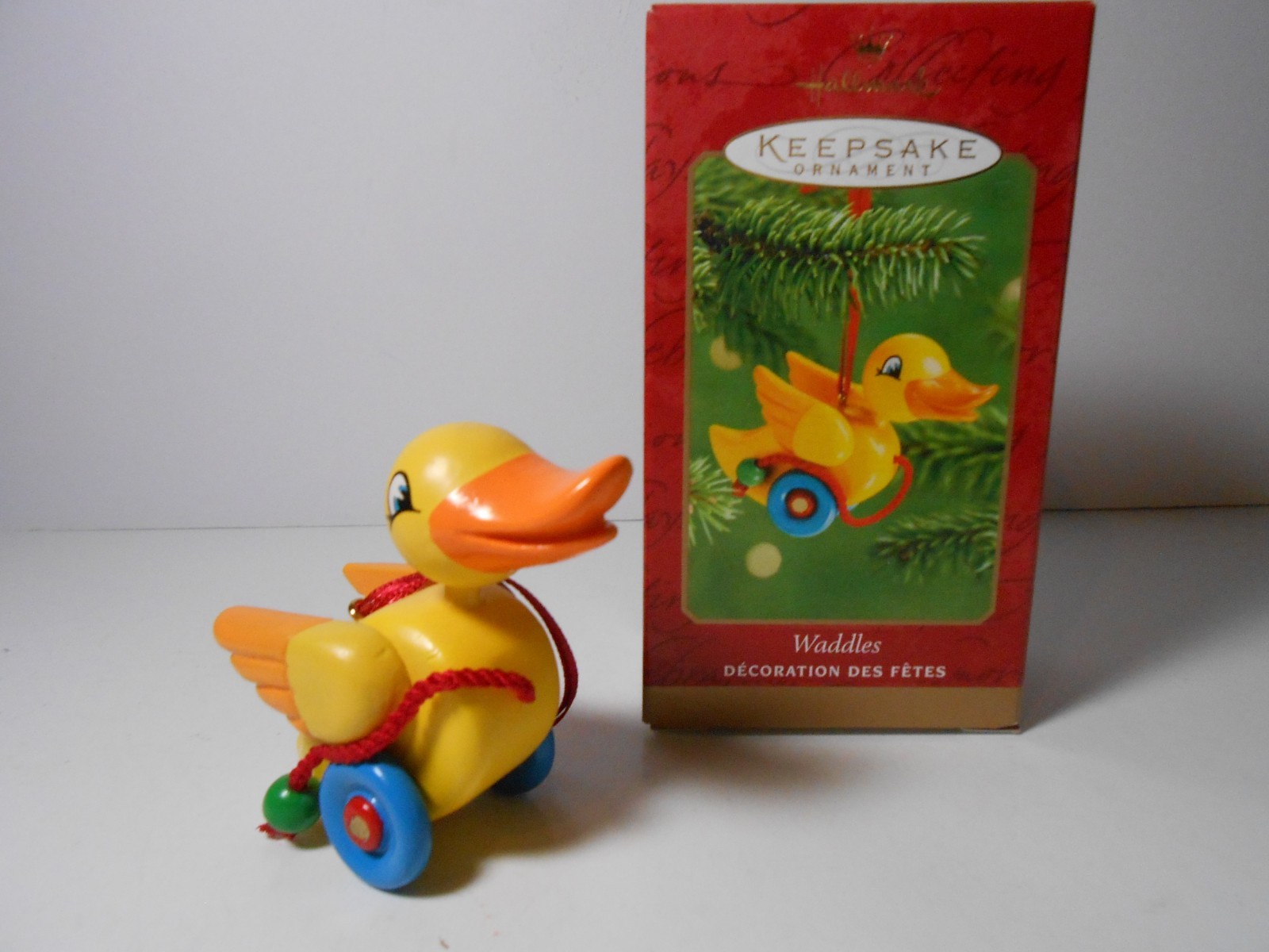 2001 Hallmark Ornament Duck Wood Pull Toy Waddles MIB