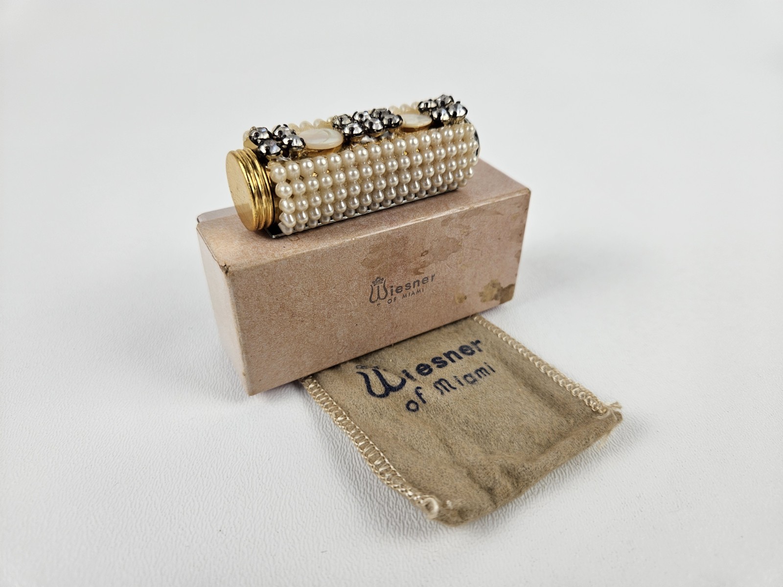 Vtg Wiesner Of Miami Bejeweled Lipstick Case w/ Original Box & Bag Distressed Vtg Wiesner Of Miami Bejeweled Lipstick Case w/ Original Box & Bag Distressed