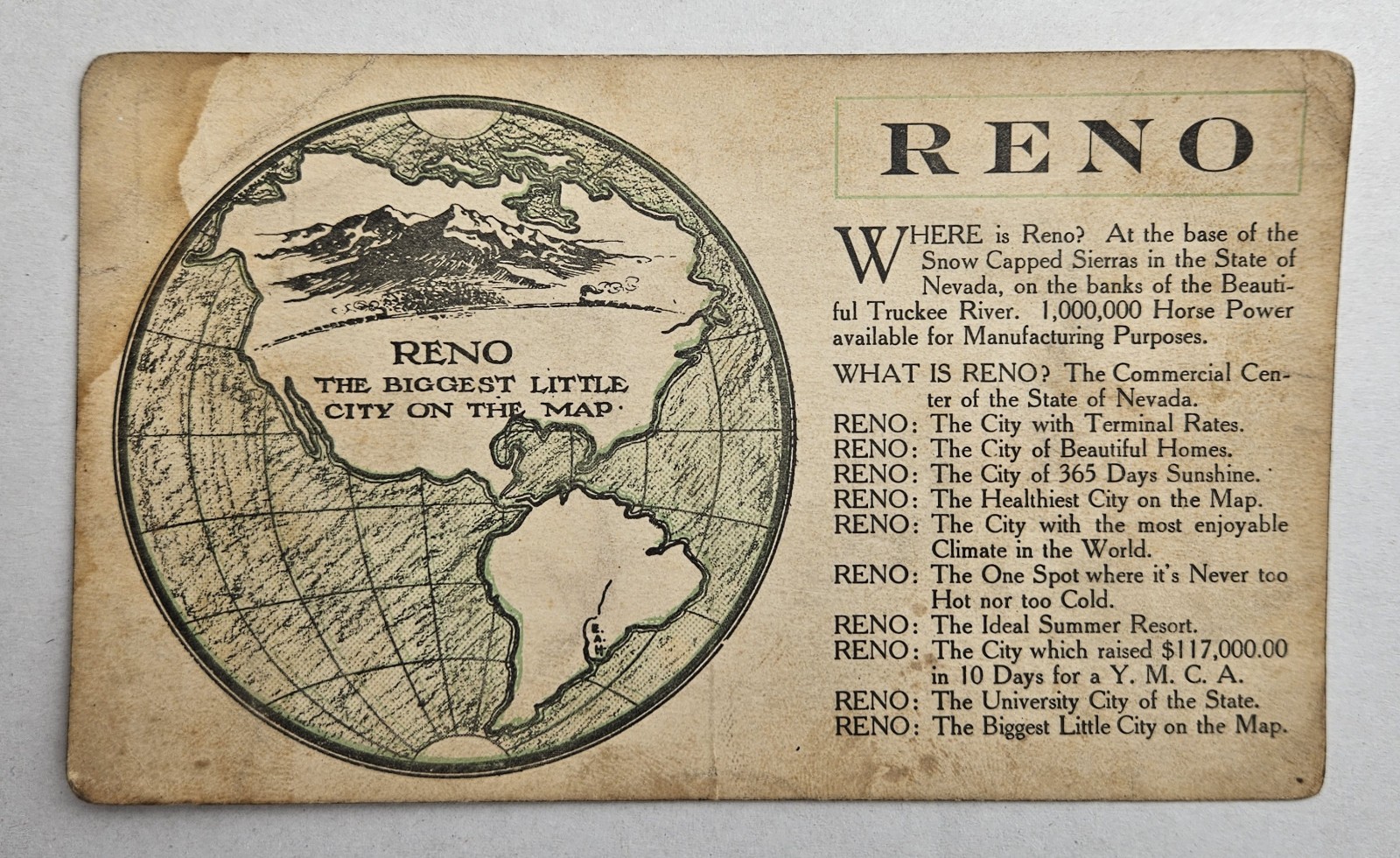 1910 Reno Nevada Biggest Little City on the Map Early Booster Postcard