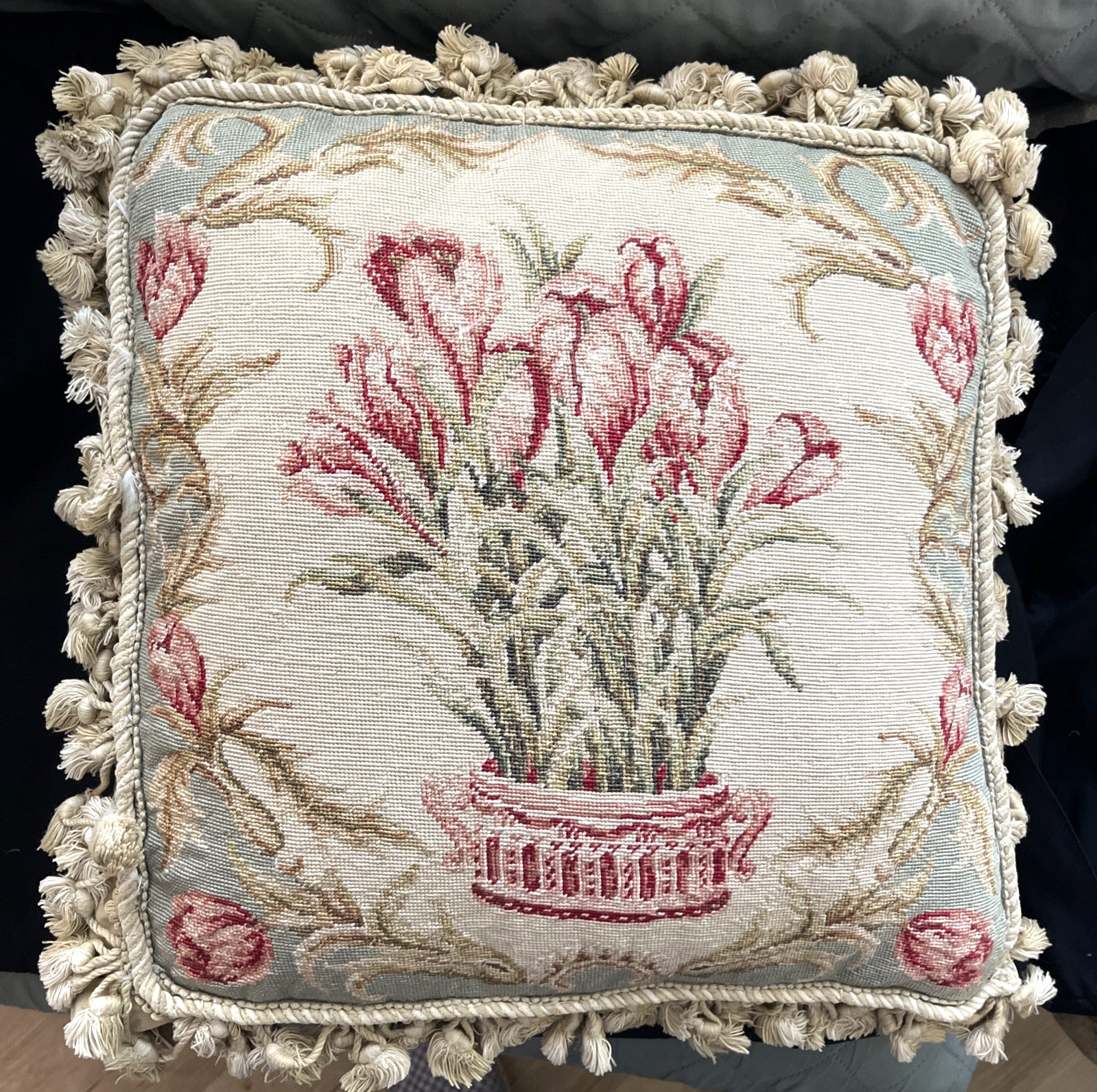 Vintage French Aubusson Style Floral Tulips in Vase Needlepoint Pillow w/Tassels Vintage French Aubusson Style Floral Tulips in Vase Needlepoint Pillow w/Tassels