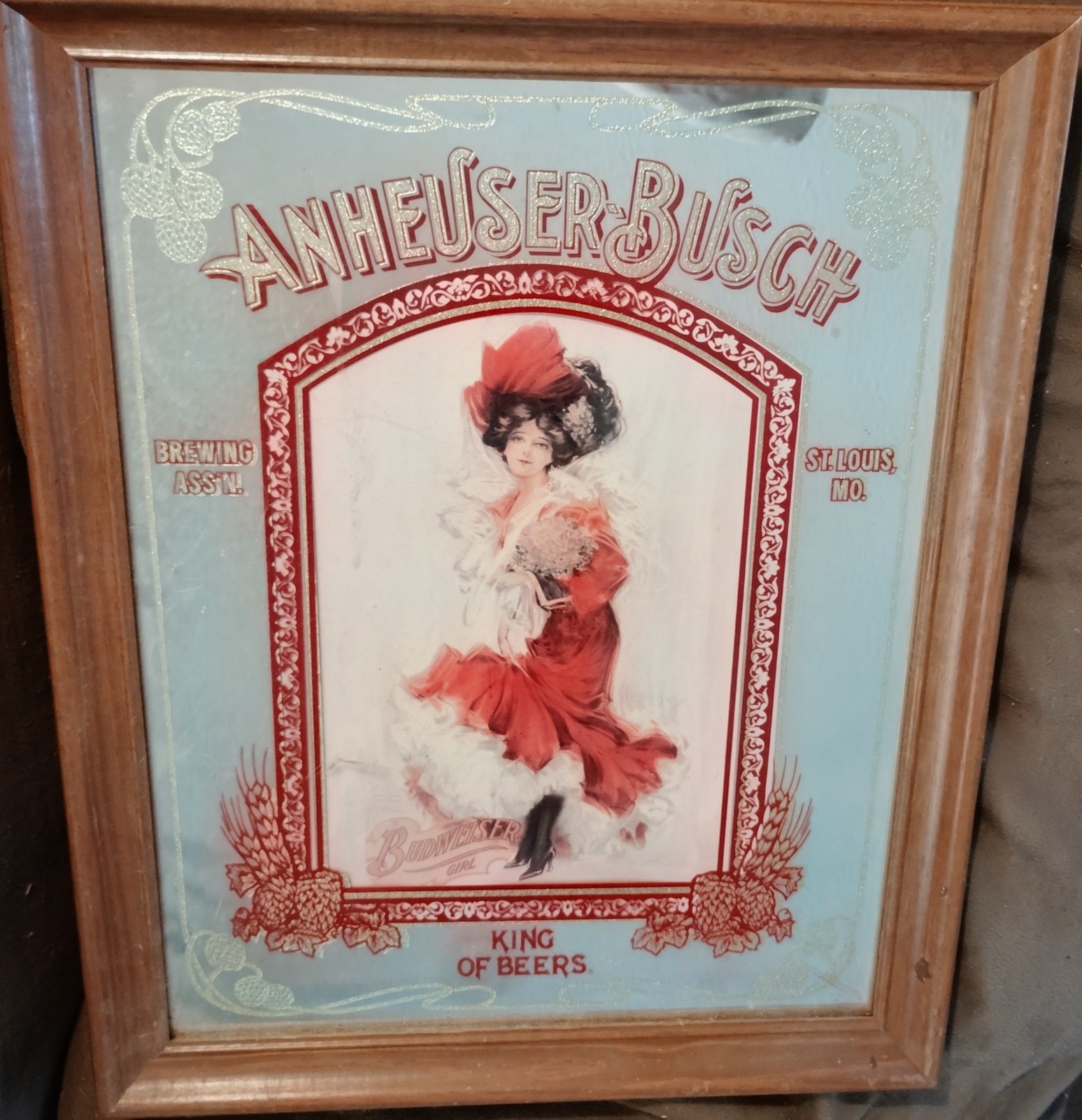 Authentic 1996 Budweiser Girl Bar Mirror Sign Anheuser Busch Frilly Red Dress 