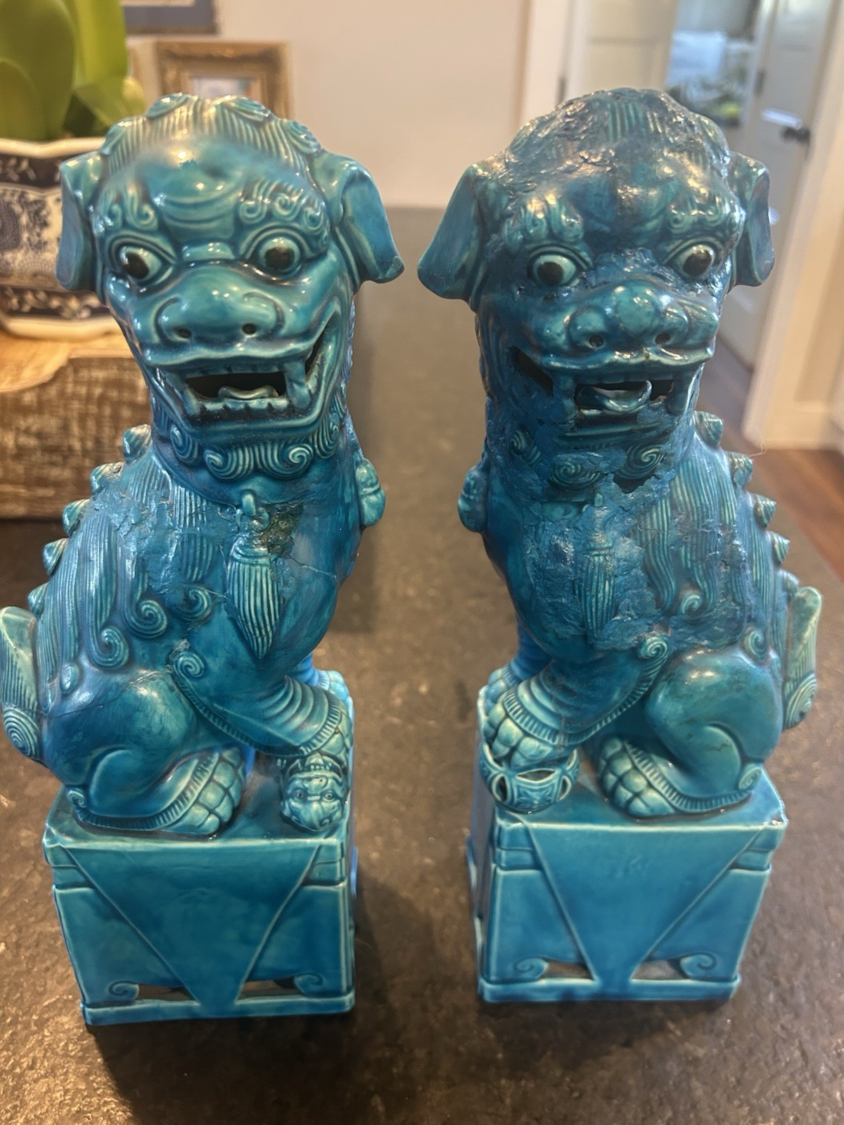 Vintage Glazed Turquoise Blue Foo Dogs Pair Grandmillenial Asian