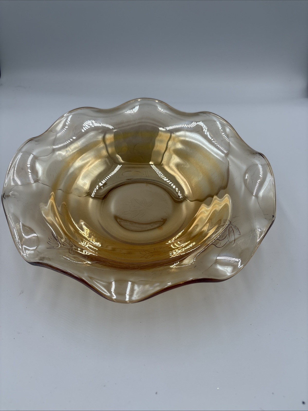 Vtg Carnival Glass Amber Marigold Iridescent 12” Bowl Scalloped Edge