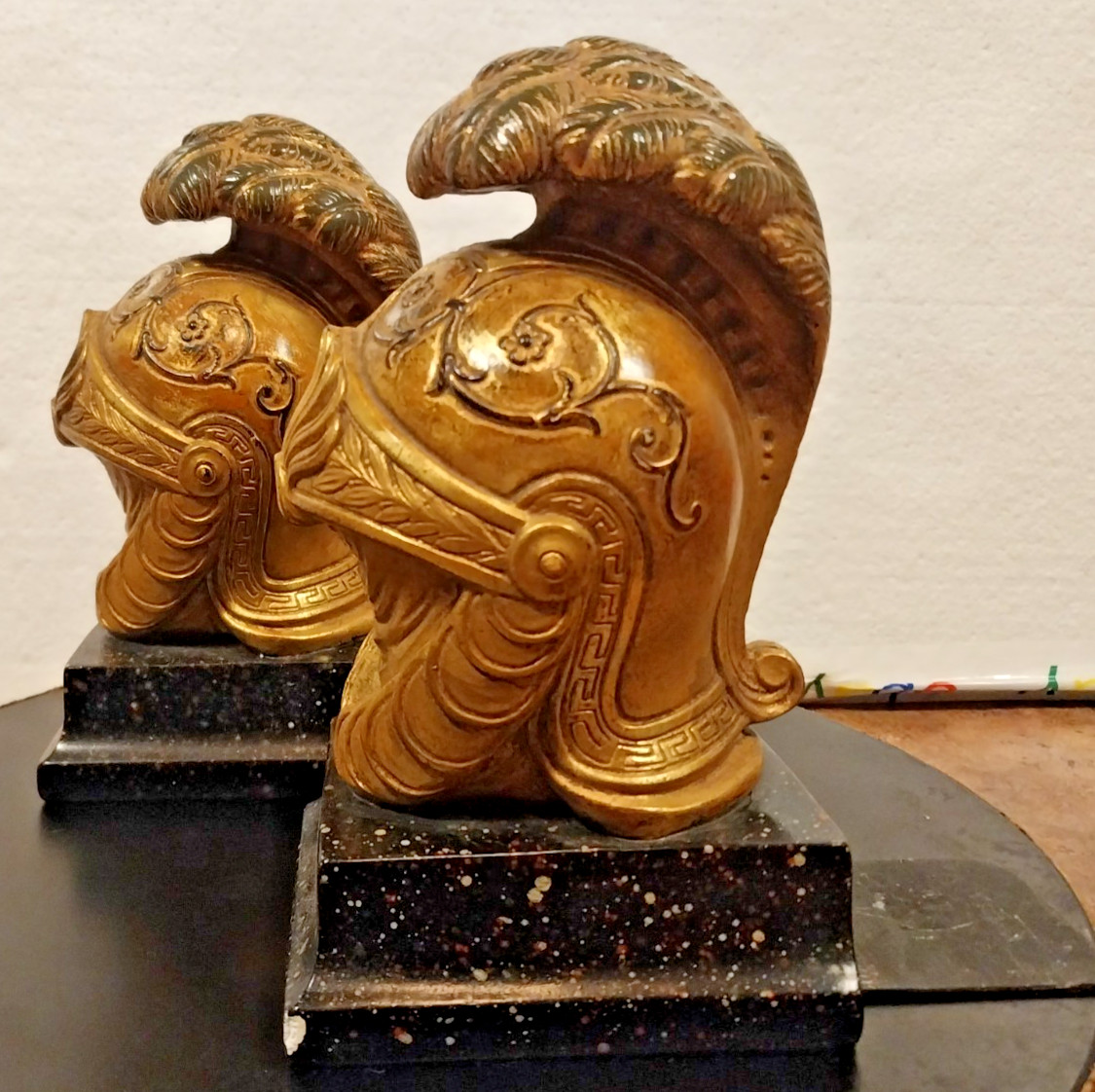 Vtg. Neoclassical Borghese Gilt Roman Helmet Bookends with Faux Marble Bases 8”