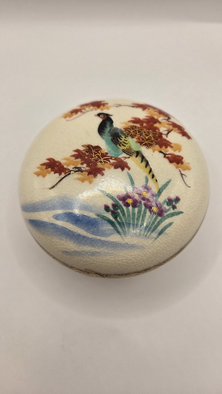 Antique Satsuma Porcelain Trinket Dish W/ Lid Bird Floral Signed Antique Satsuma Porcelain Trinket Dish W/ Lid Bird Floral Signed