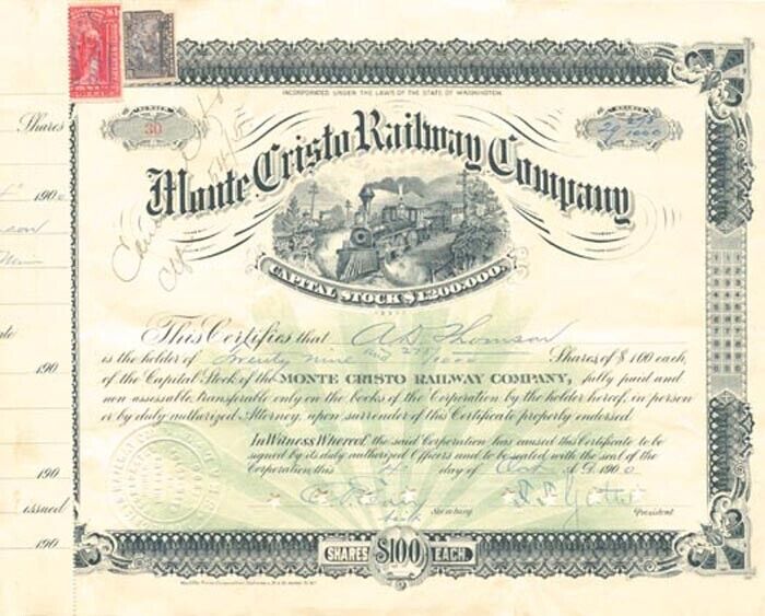 Monte Cristo Railway Co. - Washington Railroad Stock Certificate - Branch Line o
