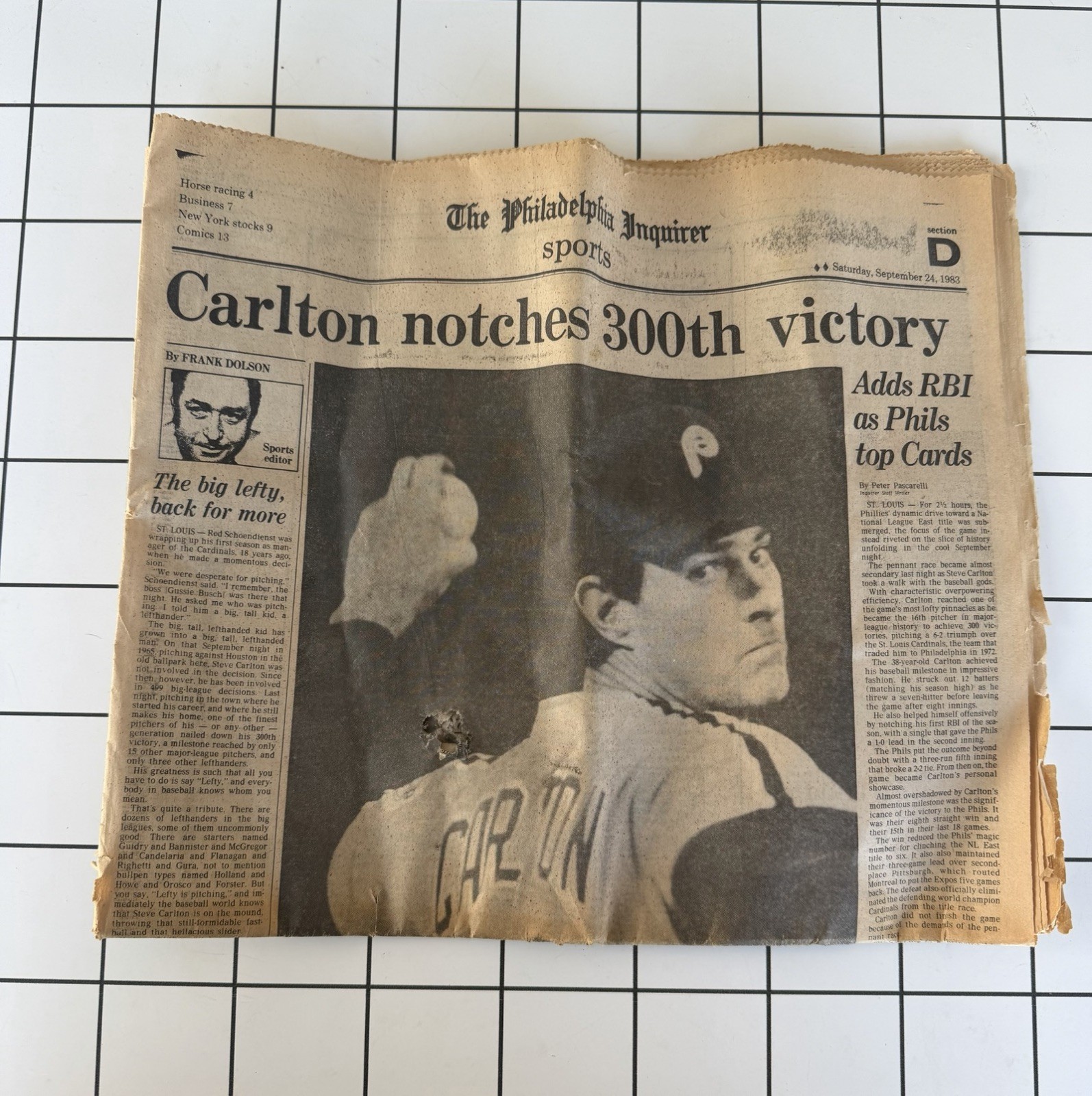 The Philadelphia Inquirer Sports Newspaper Clipping 9/24/1983 Carlton 300th Win