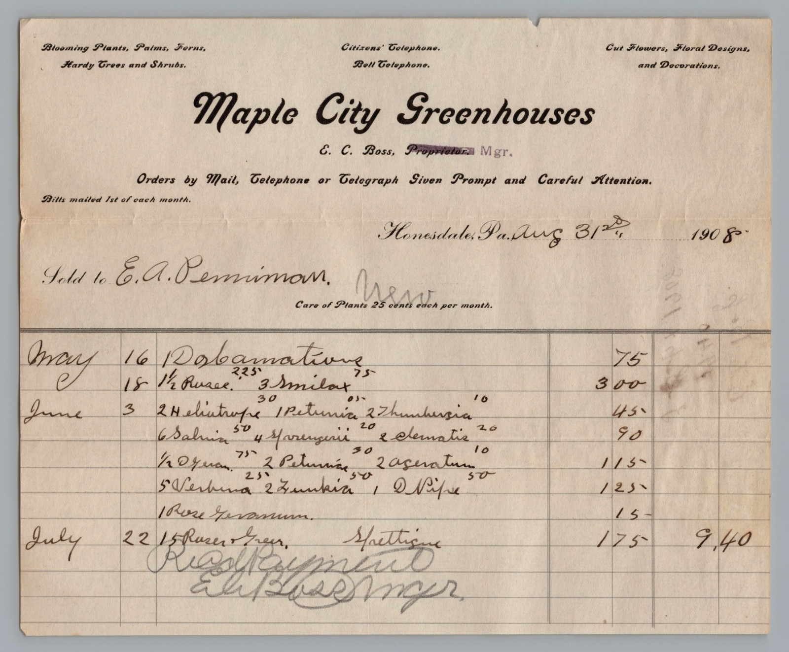 1908 billhead Maple City Greenhouses, Plants Honesdale, PA 1908 billhead Maple City Greenhouses, Plants Honesdale, PA