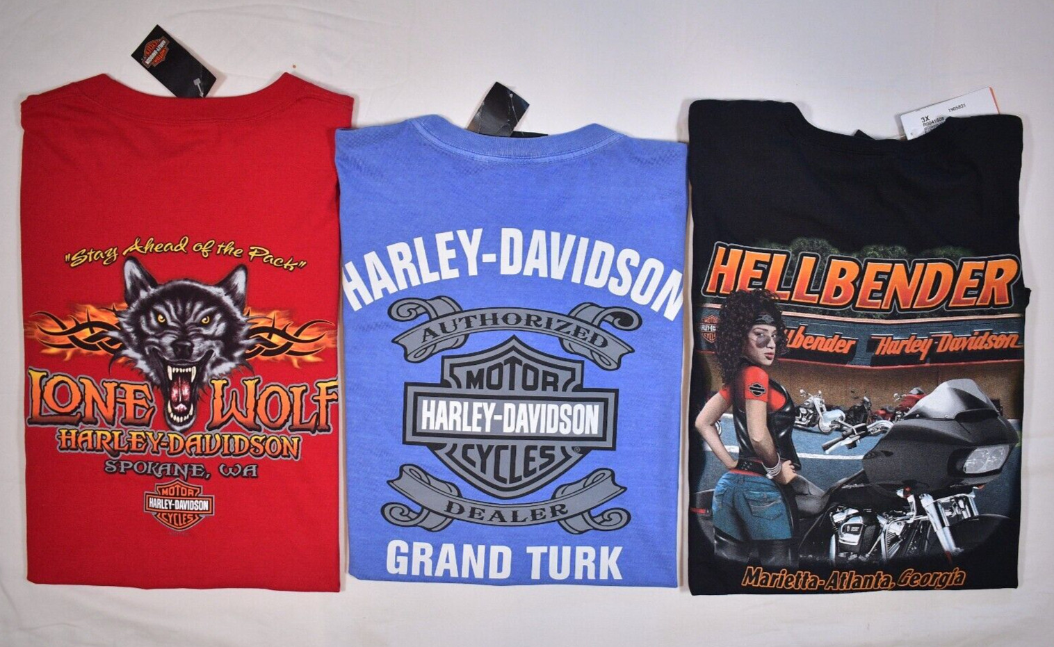 3 NWT 3XL Genuine Harley Davidson T-Shirts Mens Extra Large XXXL Wolf, Woman etc